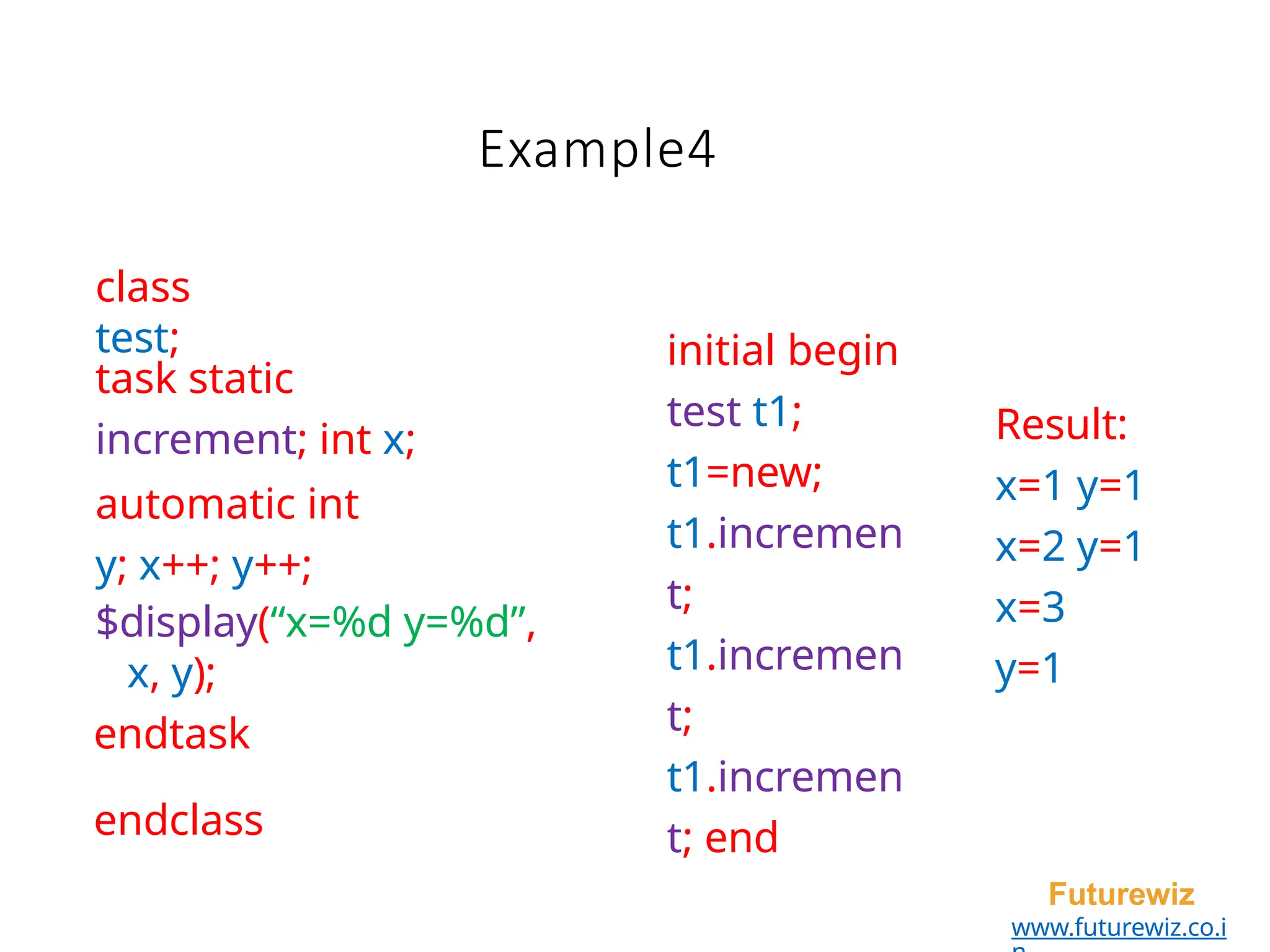 Example4
Futurewiz
www.futurewiz.co.i
class
test;
task static
increment; int x;
automatic int
y; x++; y++;
$display(“x=%d y=%d”,
x, y);
endtask
endclass
initial begin
test t1;
t1=new;
t1.incremen
t;
t1.incremen
t;
t1.incremen
t; end
Result:
x=1 y=1
x=2 y=1
x=3
y=1
 