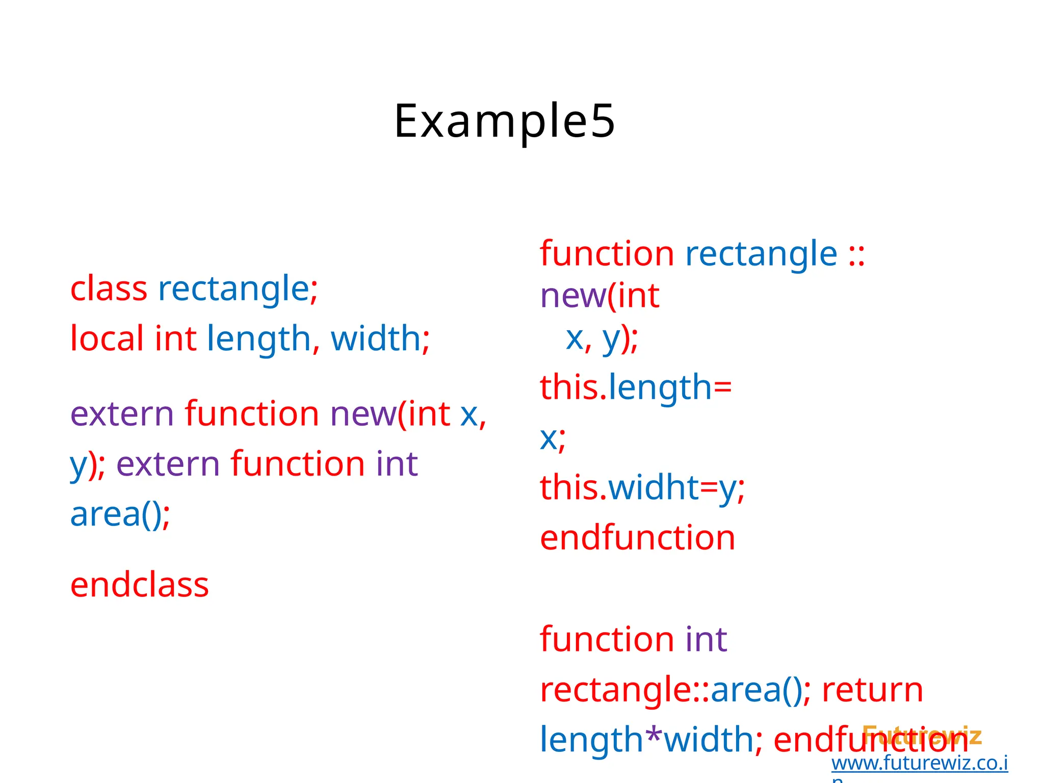 Example5
Futurewiz
www.futurewiz.co.i
class rectangle;
local int length, width;
extern function new(int x,
y); extern function int
area();
endclass
function rectangle ::
new(int
x, y);
this.length=
x;
this.widht=y;
endfunction
function int
rectangle::area(); return
length*width; endfunction
 