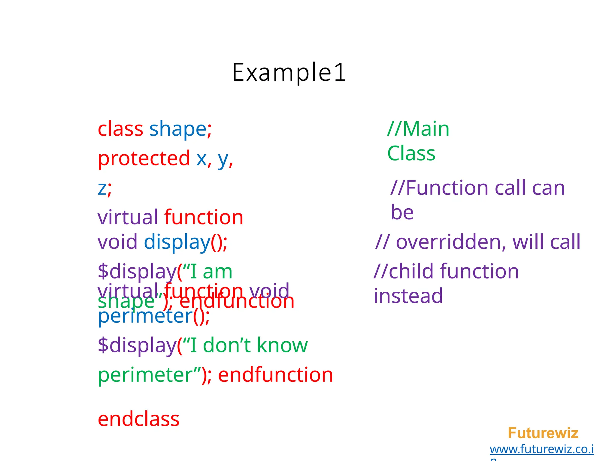 Example1
Futurewiz
www.futurewiz.co.i
class shape;
protected x, y,
z;
virtual function
void display();
$display(“I am
shape”); endfunction
//Main
Class
//Function call can
be
// overridden, will call
//child function
instead
virtual function void
perimeter();
$display(“I don’t know
perimeter”); endfunction
endclass
 
