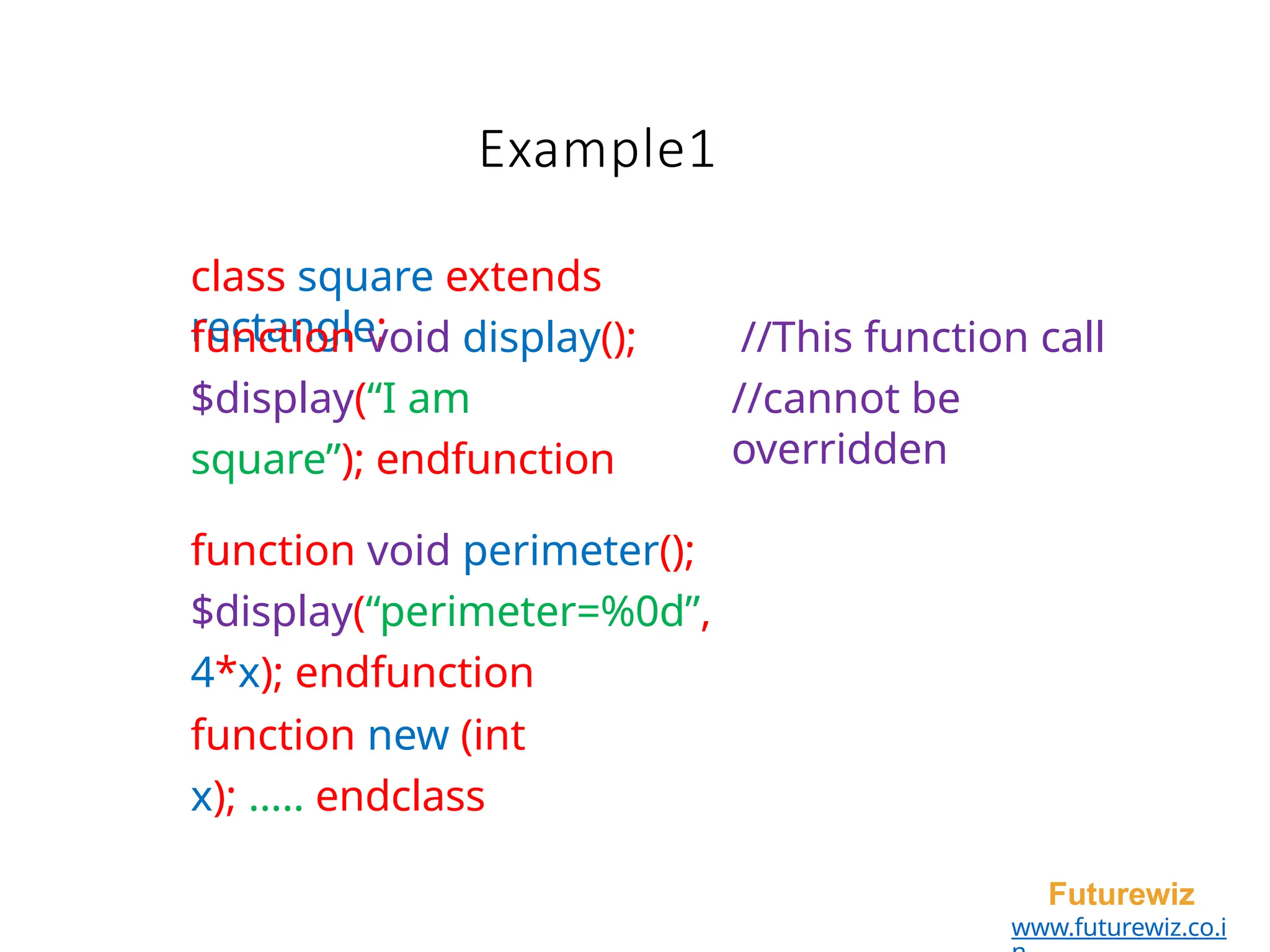 Example1
Futurewiz
www.futurewiz.co.i
class square extends
rectangle; //This function call
//cannot be
overridden
function void display();
$display(“I am
square”); endfunction
function void perimeter();
$display(“perimeter=%0d”,
4*x); endfunction
function new (int
x); ..... endclass
 