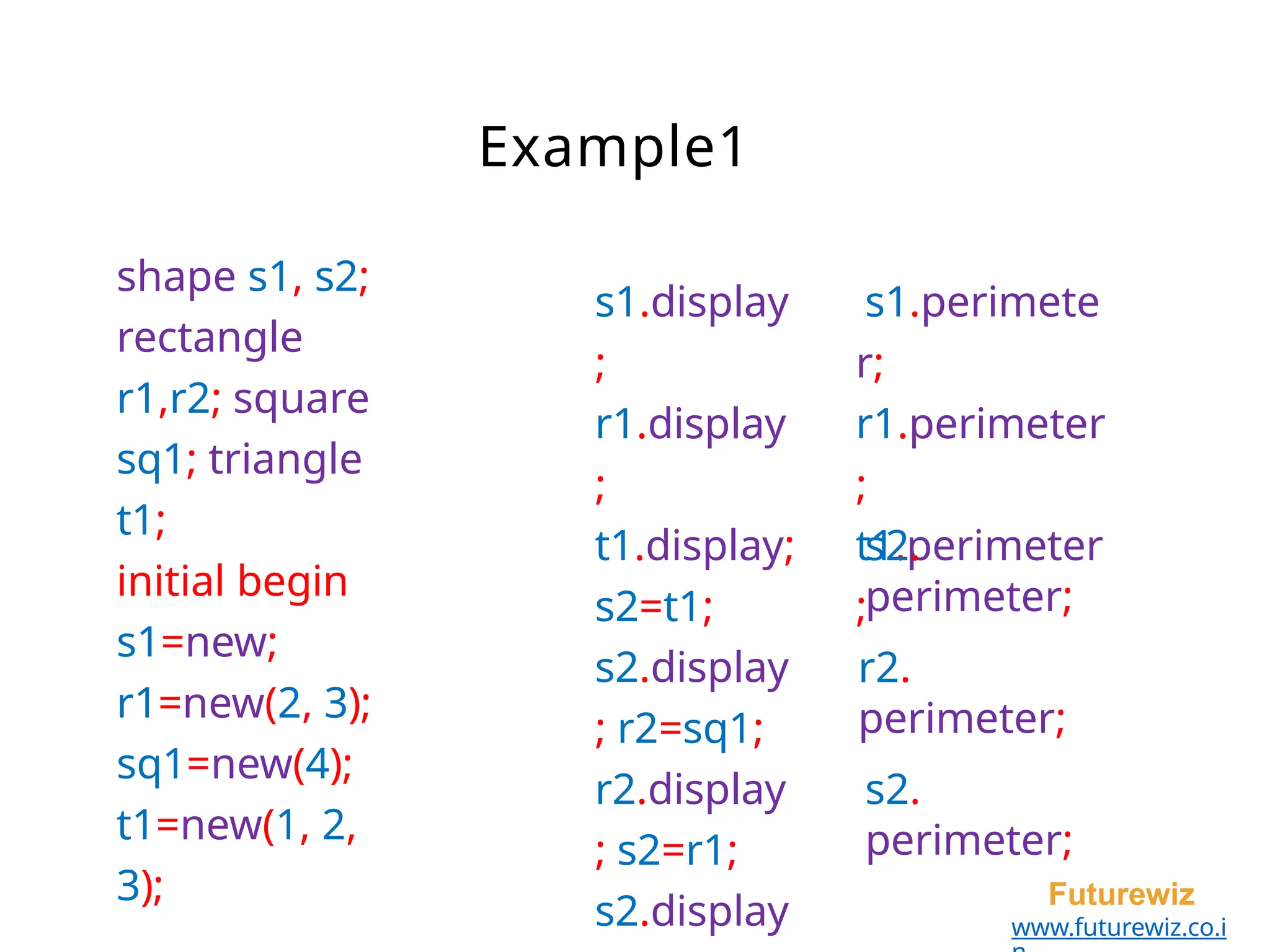 Example1
Futurewiz
www.futurewiz.co.i
shape s1, s2;
rectangle
r1,r2; square
sq1; triangle
t1;
initial begin
s1=new;
r1=new(2, 3);
sq1=new(4);
t1=new(1, 2,
3);
s1.display
;
r1.display
;
t1.display;
s2=t1;
s2.display
; r2=sq1;
r2.display
; s2=r1;
s2.display
s1.perimete
r;
r1.perimeter
;
t1.perimeter
;
s2.
perimeter;
r2.
perimeter;
s2.
perimeter;
 