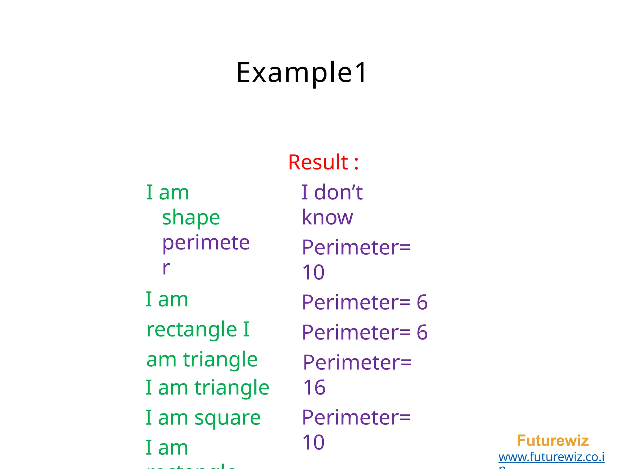 Example1
Futurewiz
www.futurewiz.co.i
Result :
I don’t
know
I am
shape
perimete
r
I am
rectangle I
am triangle
I am triangle
I am square
I am
Perimeter=
10
Perimeter= 6
Perimeter= 6
Perimeter=
16
Perimeter=
10
 
