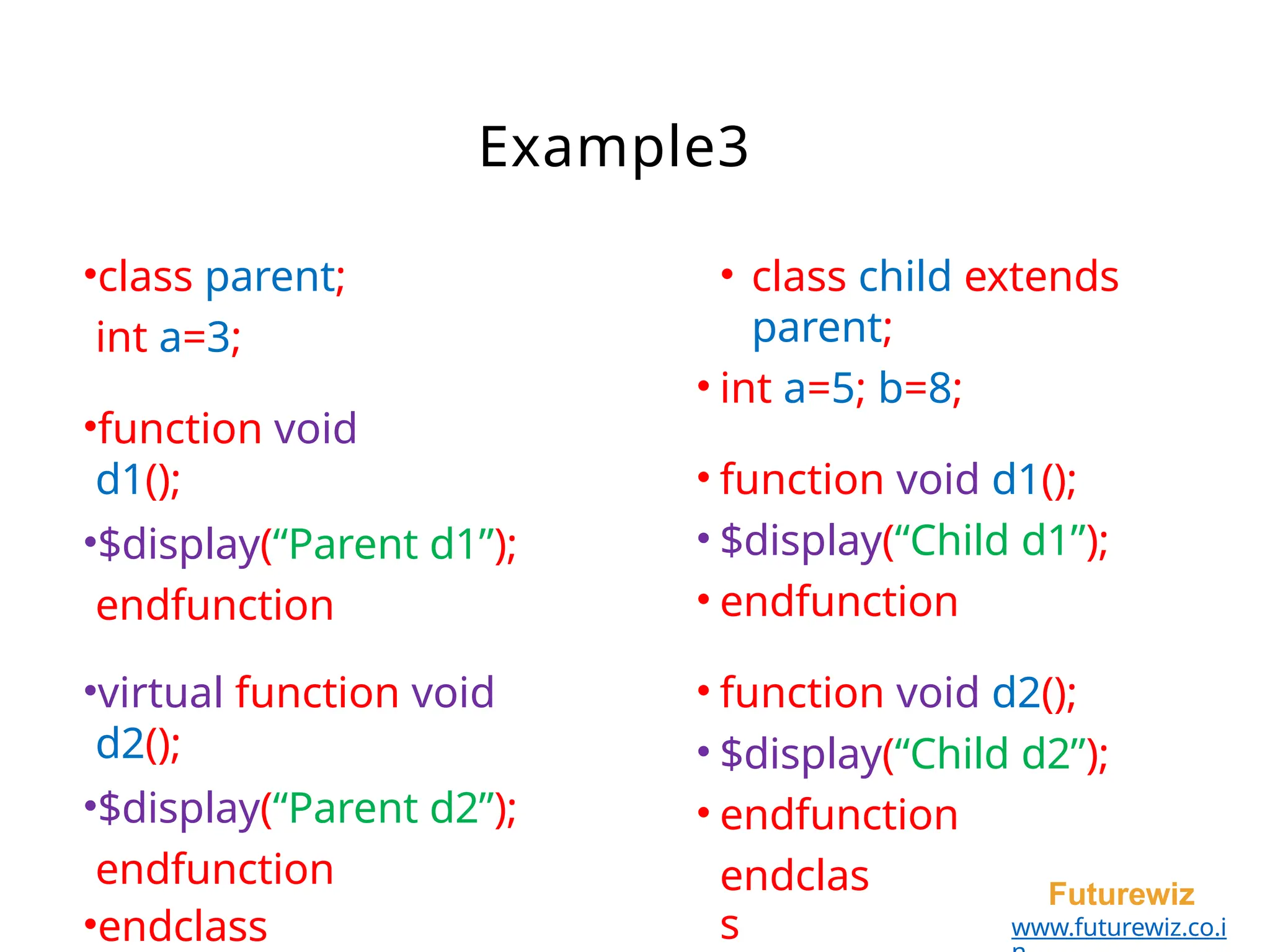 Example3
•class parent;
int a=3;
•function void
d1();
•$display(“Parent d1”);
endfunction
•virtual function void
d2();
•$display(“Parent d2”);
endfunction
•endclass
• class child extends
parent;
• int a=5; b=8;
• function void d1();
• $display(“Child d1”);
• endfunction
• function void d2();
• $display(“Child d2”);
• endfunction
endclas
s
Futurewiz
www.futurewiz.co.i
 