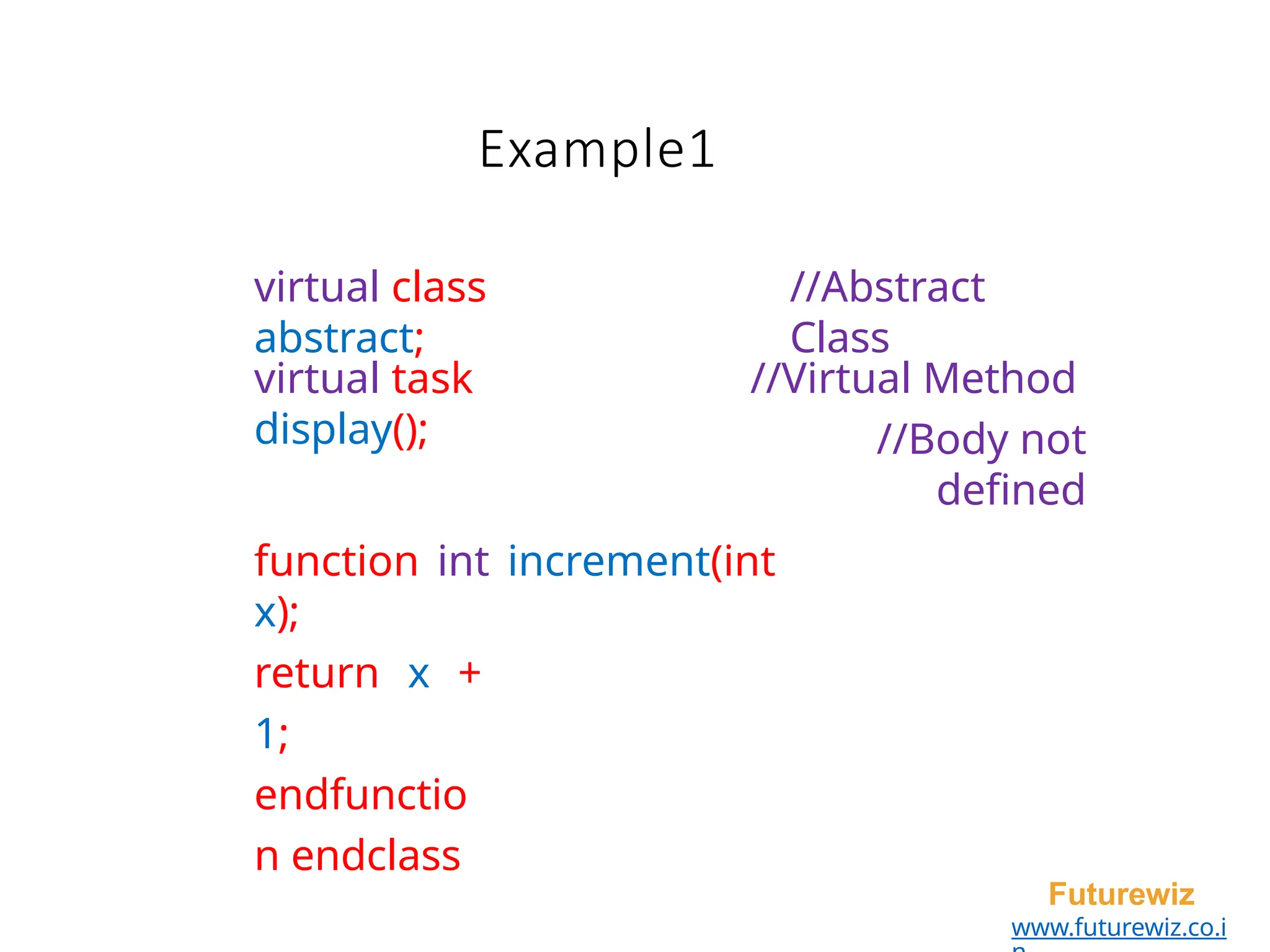 Example1
Futurewiz
www.futurewiz.co.i
virtual class
abstract;
//Abstract
Class
virtual task
display();
//Virtual Method
//Body not
defined
function int increment(int
x);
return x +
1;
endfunctio
n endclass
 