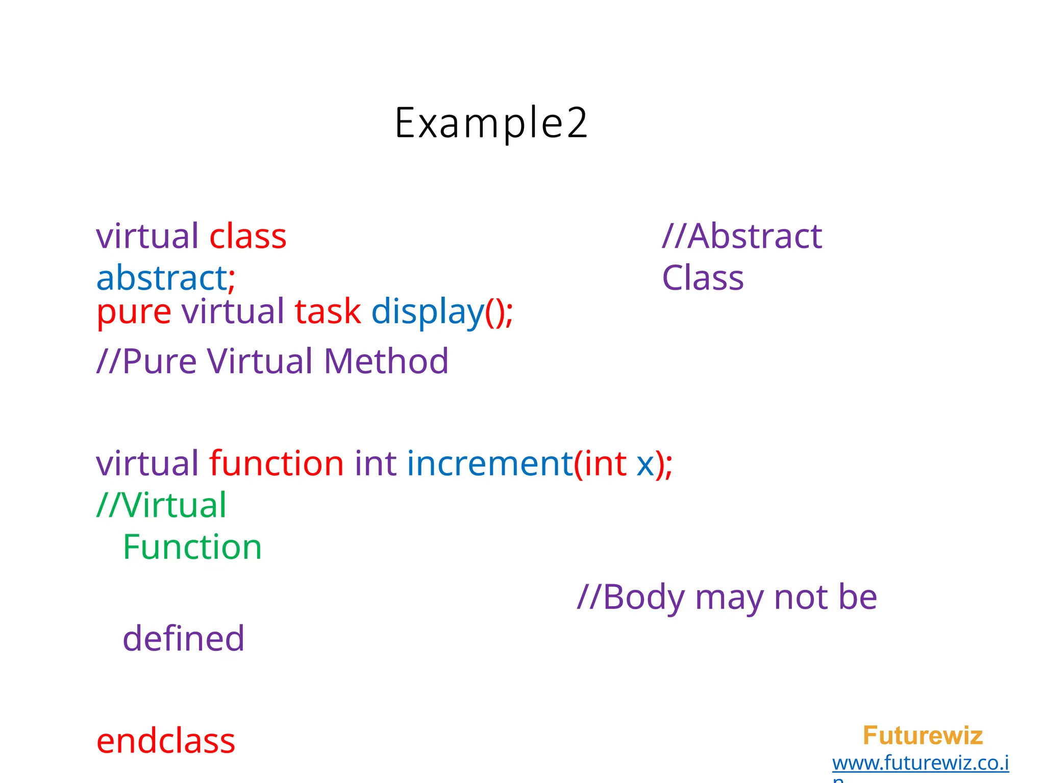 Example2
Futurewiz
www.futurewiz.co.i
virtual class
abstract;
//Abstract
Class
pure virtual task display();
//Pure Virtual Method
virtual function int increment(int x);
//Virtual
Function
//Body may not be
defined
endclass
 
