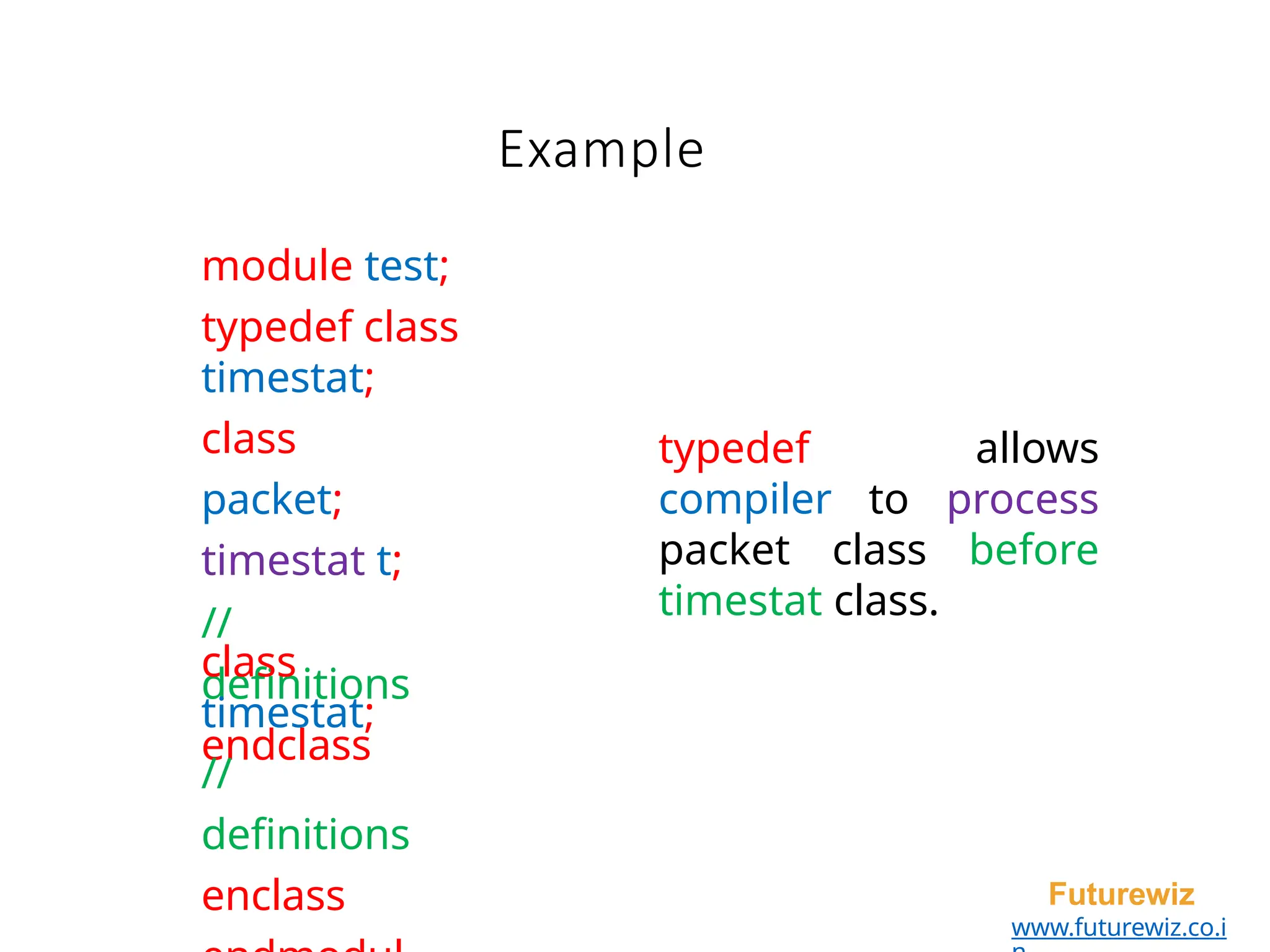 Example
Futurewiz
www.futurewiz.co.i
module test;
typedef class
timestat;
class
packet;
timestat t;
//
definitions
endclass
class
timestat;
//
definitions
enclass
typedef allows
compiler to process
packet class before
timestat class.
 