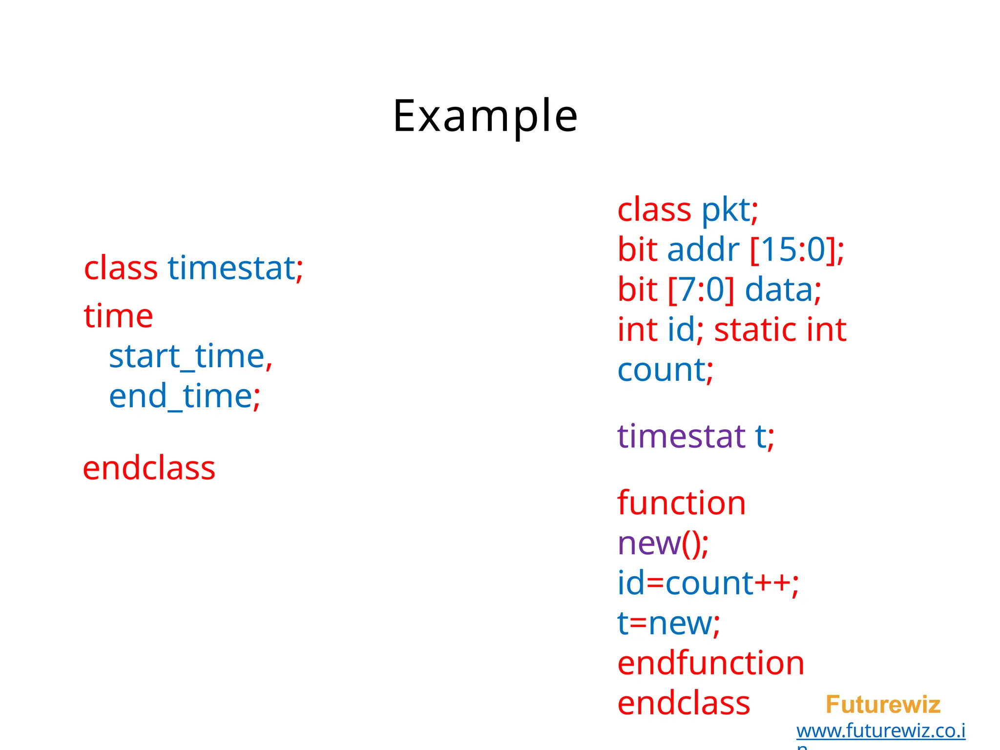 Example
Futurewiz
www.futurewiz.co.i
class pkt;
bit addr [15:0];
bit [7:0] data;
int id; static int
count;
timestat t;
function
new();
id=count++;
t=new;
endfunction
endclass
class timestat;
time
start_time,
end_time;
endclass
 