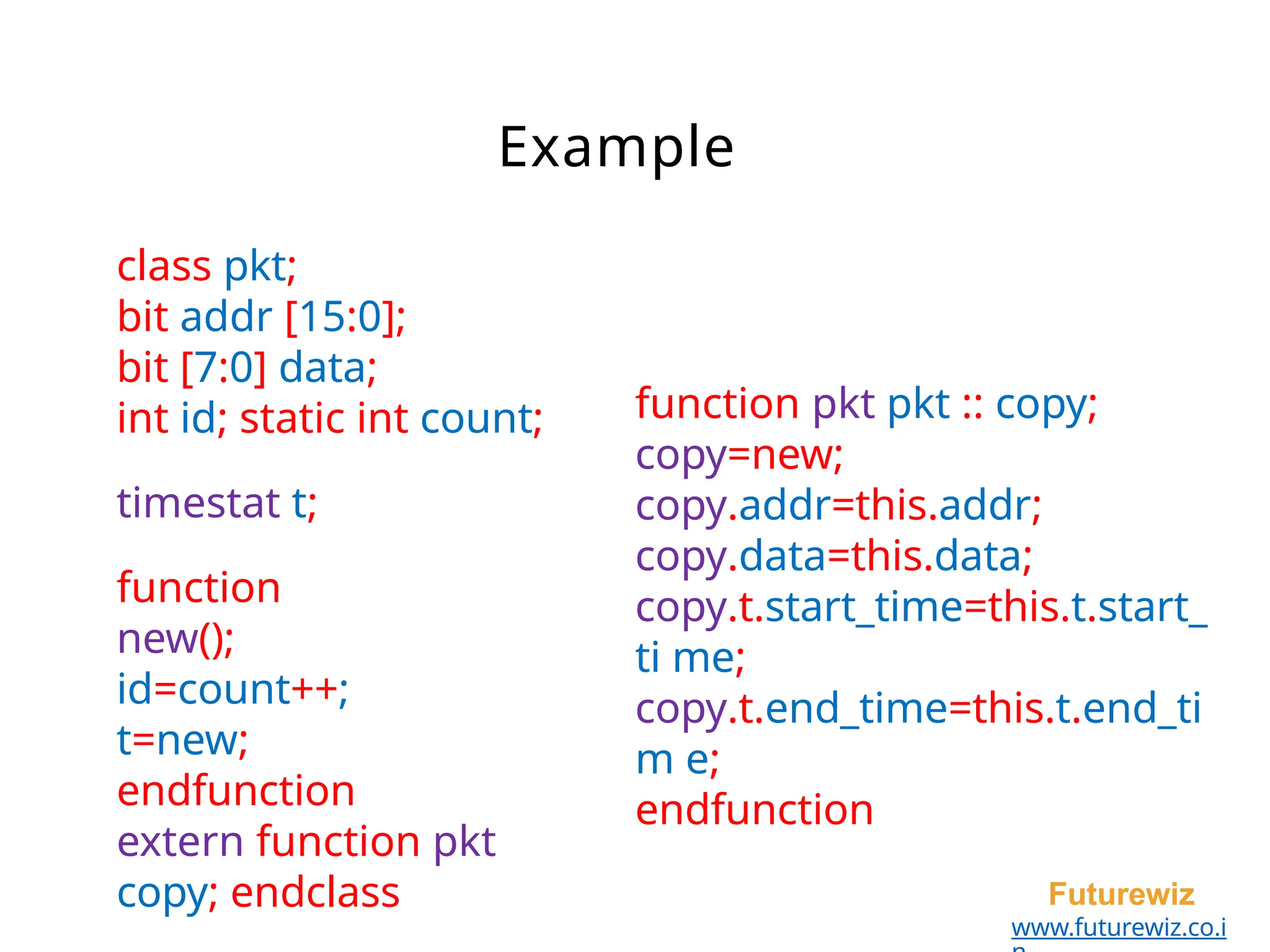 Example
Futurewiz
www.futurewiz.co.i
class pkt;
bit addr [15:0];
bit [7:0] data;
int id; static int count;
timestat t;
function
new();
id=count++;
t=new;
endfunction
extern function pkt
copy; endclass
function pkt pkt :: copy;
copy=new;
copy.addr=this.addr;
copy.data=this.data;
copy.t.start_time=this.t.start_
ti me;
copy.t.end_time=this.t.end_ti
m e;
endfunction
 