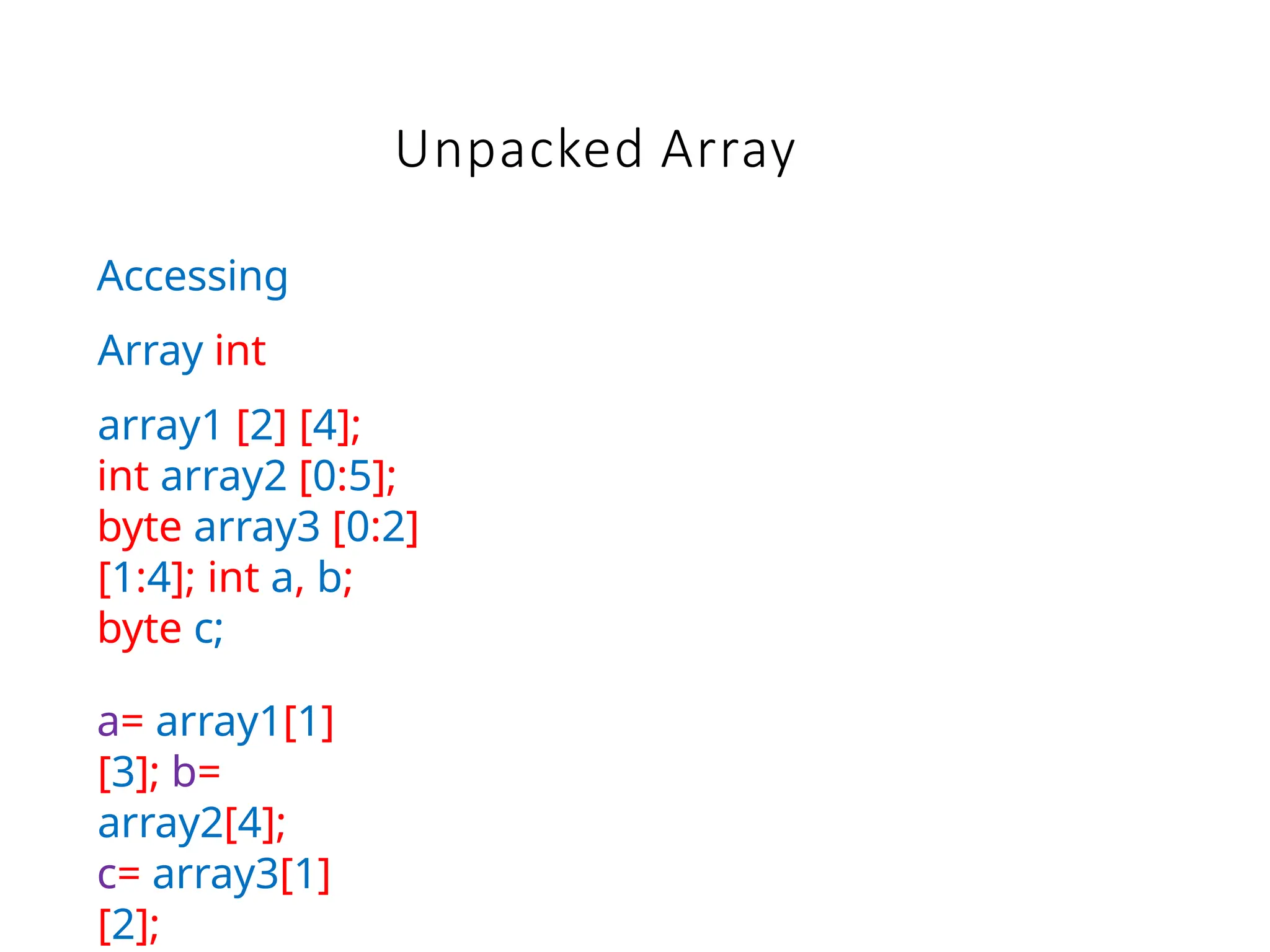 Unpacked Array
Accessing
Array int
array1 [2] [4];
int array2 [0:5];
byte array3 [0:2]
[1:4]; int a, b;
byte c;
a= array1[1]
[3]; b=
array2[4];
c= array3[1]
[2];
 