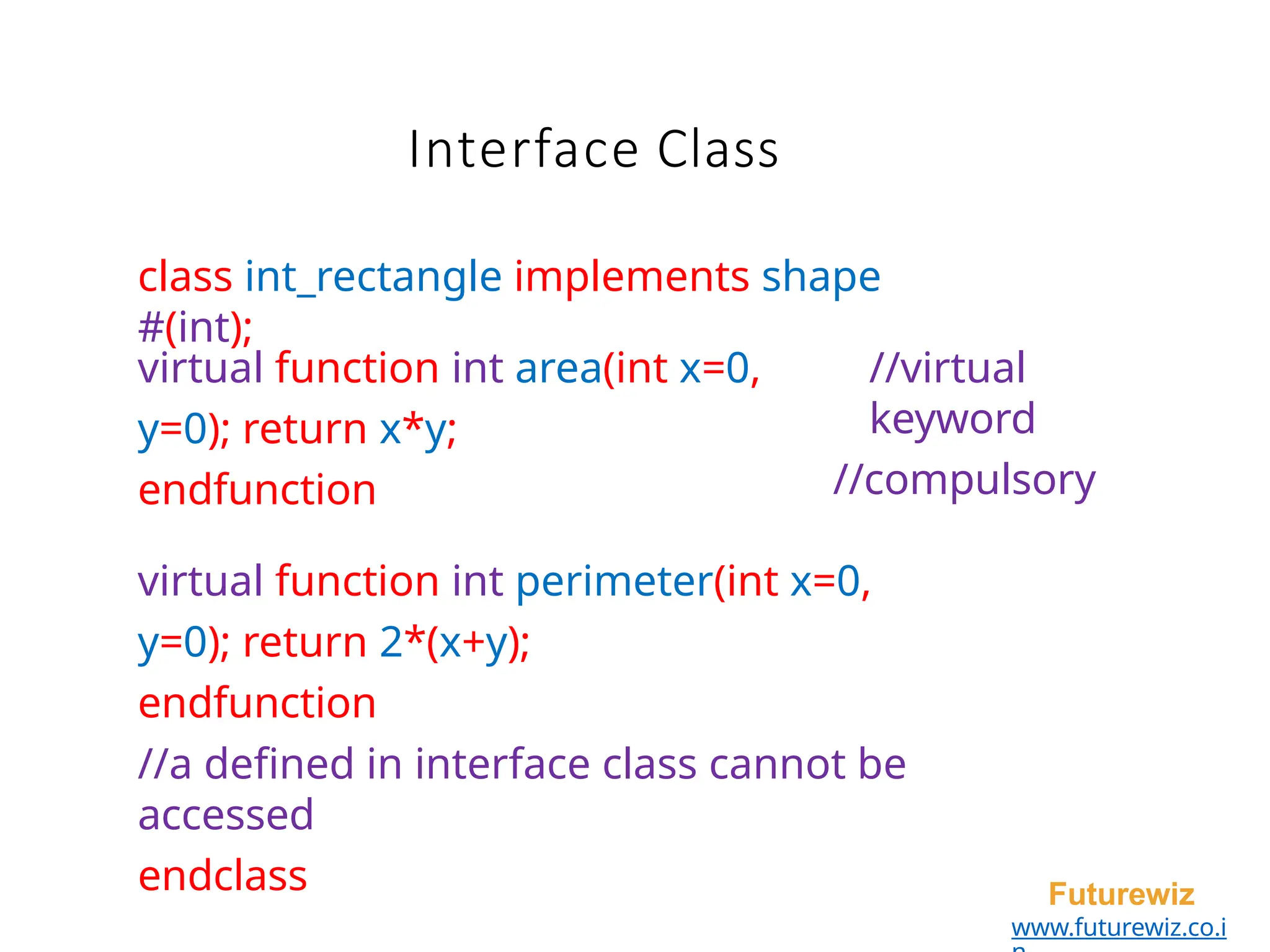 Interface Class
Futurewiz
www.futurewiz.co.i
class int_rectangle implements shape
#(int);
virtual function int area(int x=0,
y=0); return x*y;
endfunction
//virtual
keyword
//compulsory
virtual function int perimeter(int x=0,
y=0); return 2*(x+y);
endfunction
//a defined in interface class cannot be
accessed
endclass
 