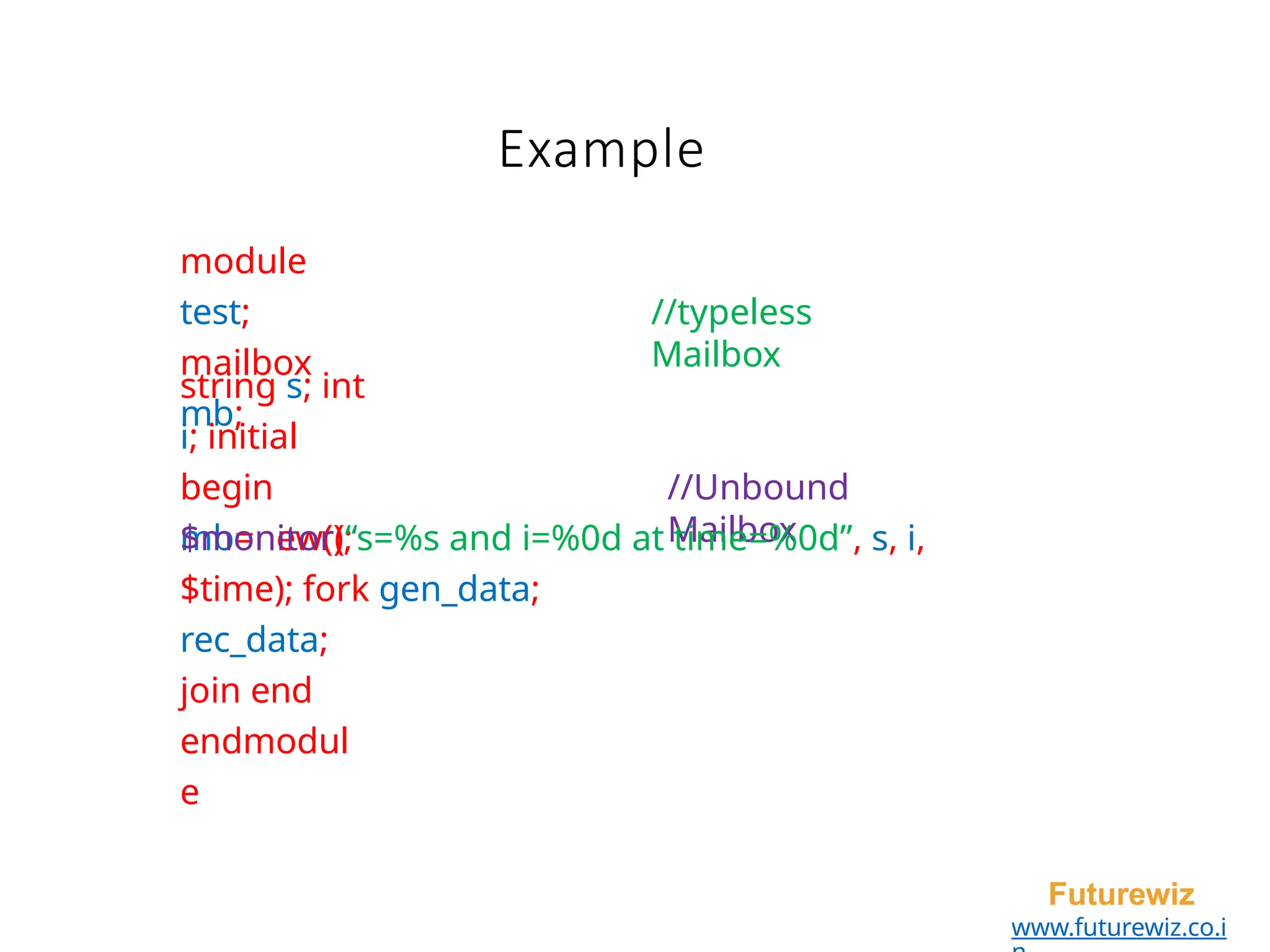 Example
Futurewiz
www.futurewiz.co.i
module
test;
mailbox
mb;
//typeless
Mailbox
string s; int
i; initial
begin
mb=new();
//Unbound
Mailbox
$monitor(“s=%s and i=%0d at time=%0d”, s, i,
$time); fork gen_data;
rec_data;
join end
endmodul
e
 