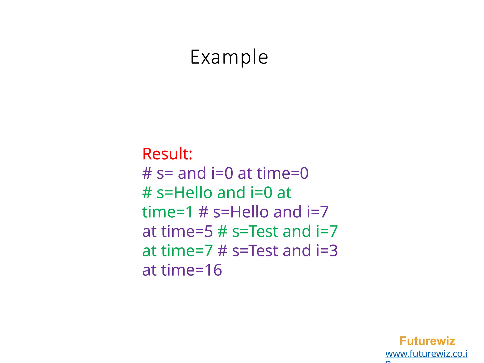 Example
Futurewiz
www.futurewiz.co.i
Result:
# s= and i=0 at time=0
# s=Hello and i=0 at
time=1 # s=Hello and i=7
at time=5 # s=Test and i=7
at time=7 # s=Test and i=3
at time=16
 