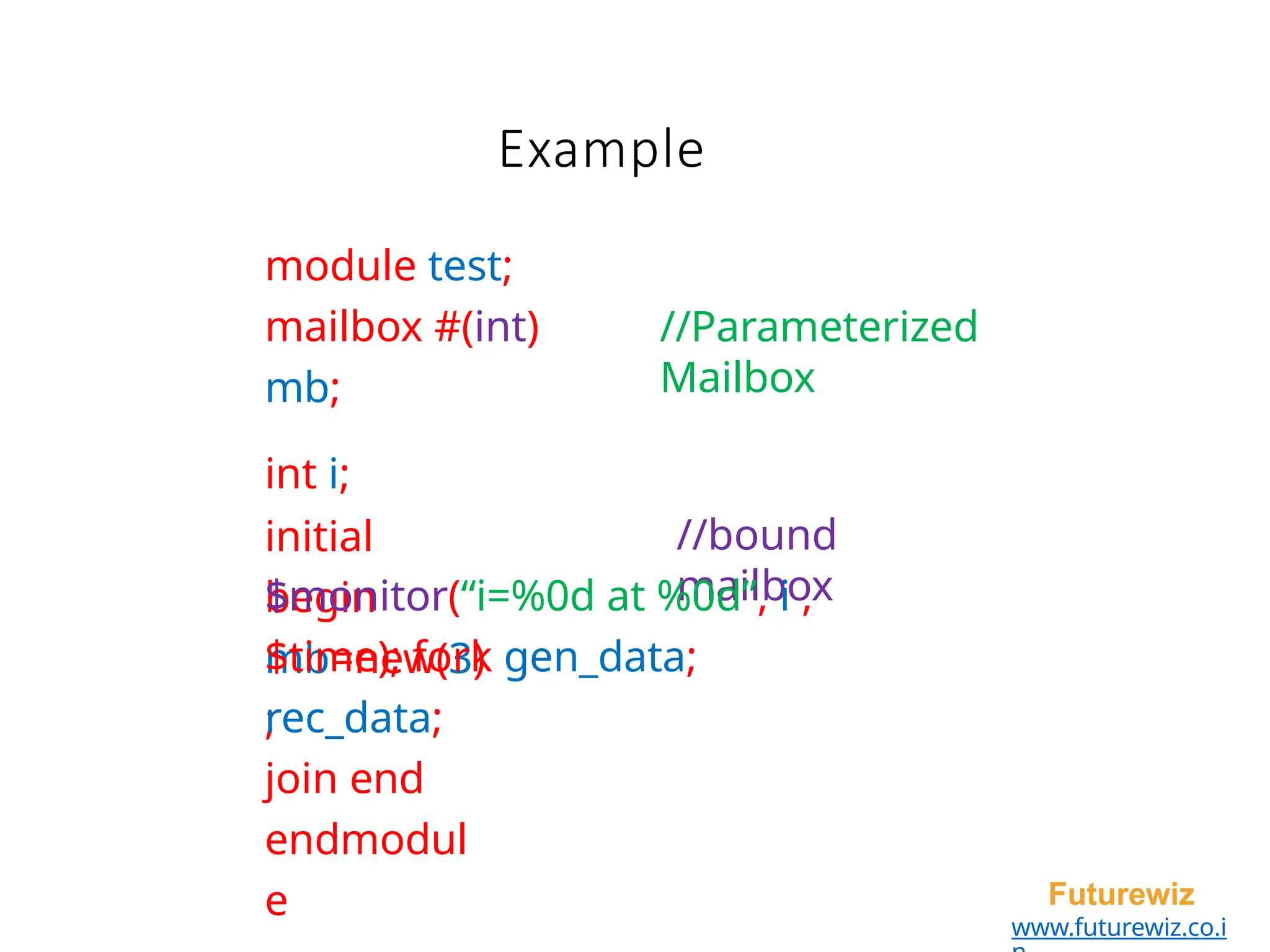 Example
Futurewiz
www.futurewiz.co.i
module test;
mailbox #(int)
mb;
int i;
initial
begin
mb=new(3)
;
//Parameterized
Mailbox
//bound
mailbox
$monitor(“i=%0d at %0d”, i ,
$time); fork gen_data;
rec_data;
join end
endmodul
e
 