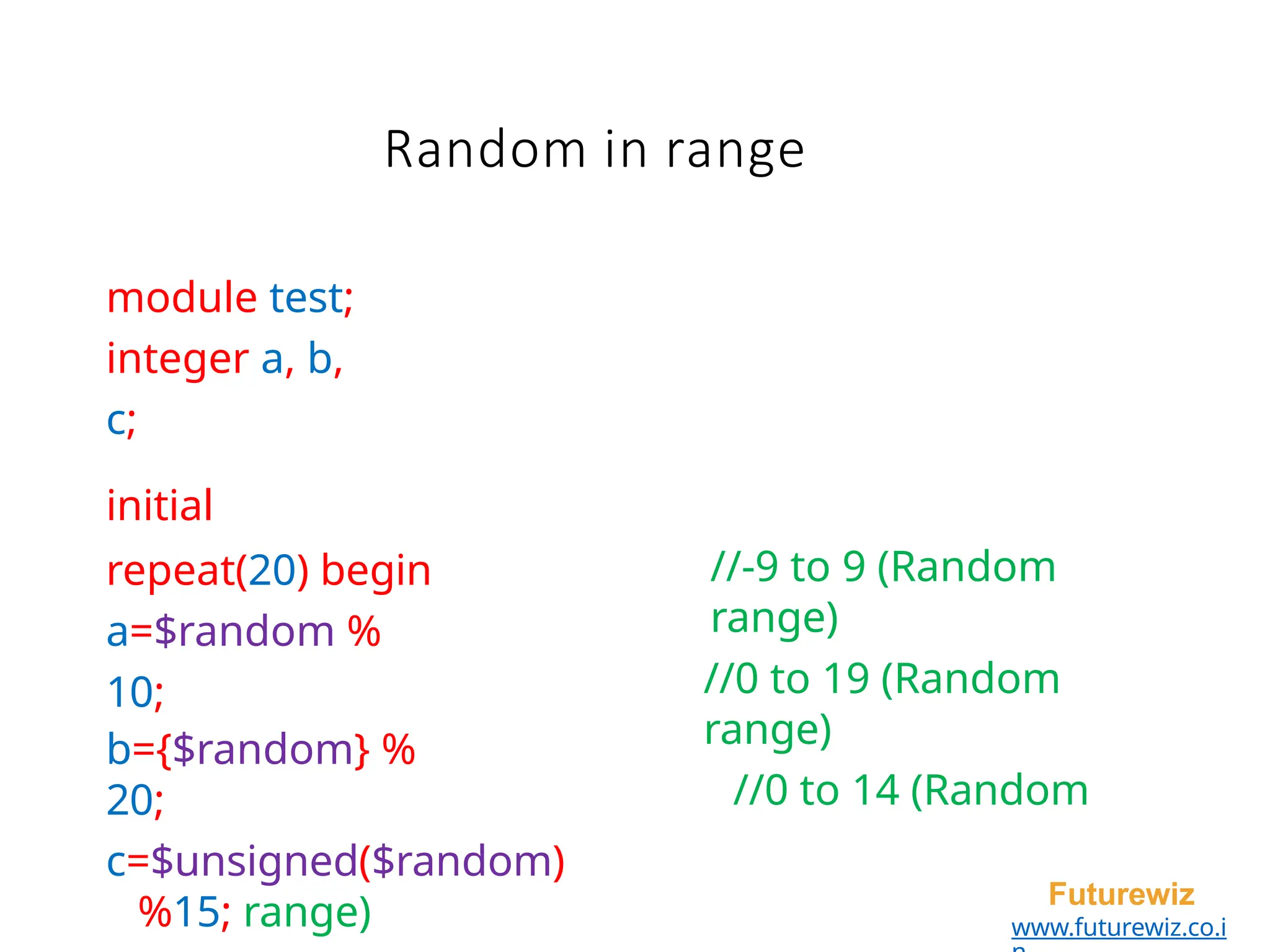 Random in range
Futurewiz
www.futurewiz.co.i
module test;
integer a, b,
c;
initial
repeat(20) begin
a=$random %
10;
b={$random} %
20;
c=$unsigned($random)
%15; range)
//-9 to 9 (Random
range)
//0 to 19 (Random
range)
//0 to 14 (Random
 