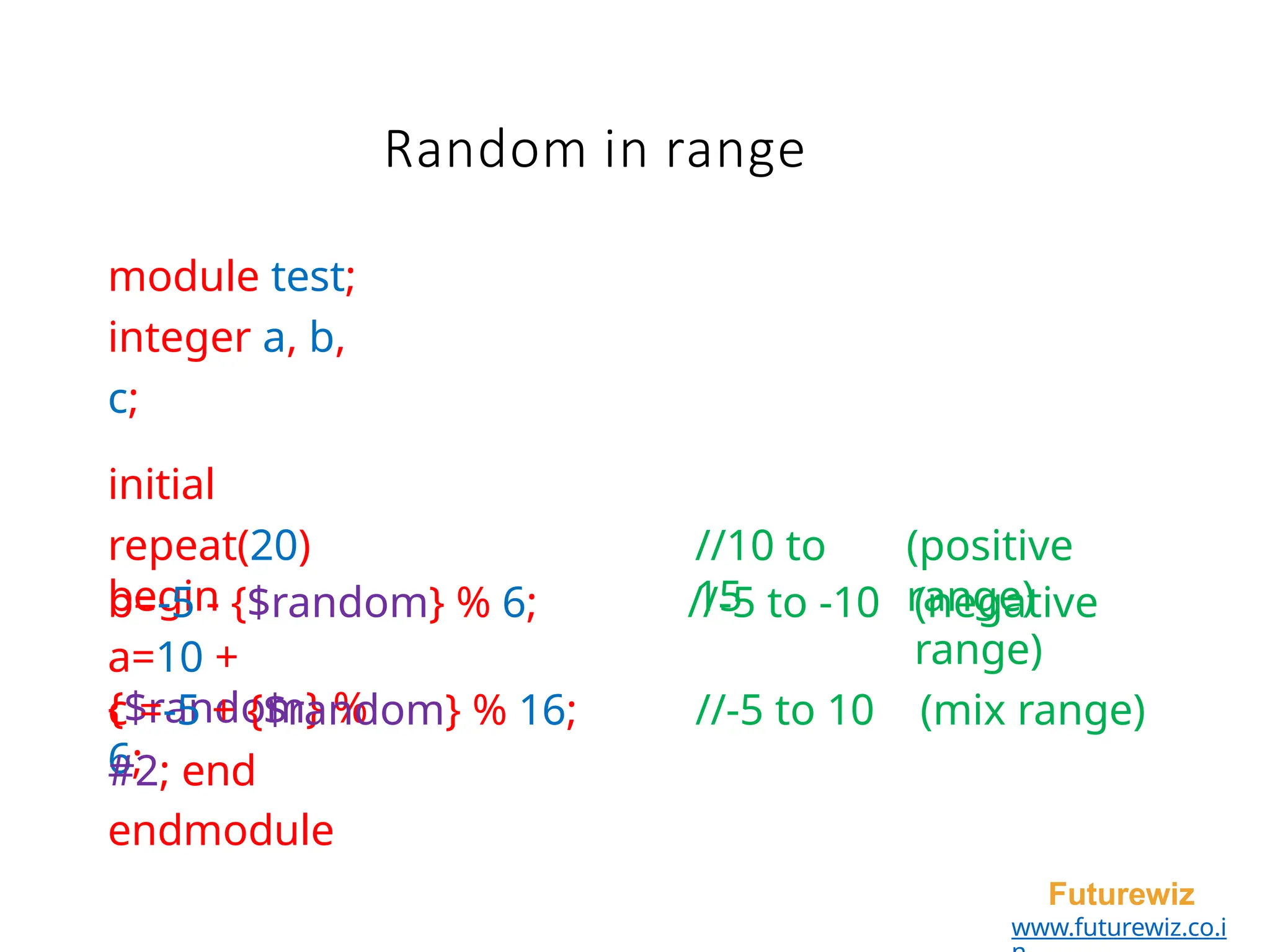 module test;
integer a, b,
c;
initial
repeat(20)
begin
a=10 +
{$random} %
6;
Futurewiz
www.futurewiz.co.i
//10 to
15
(positive
range)
b=-5 - {$random} % 6; //-5 to -10 (negative
range)
c =-5 + {$random} % 16; //-5 to 10 (mix range)
#2; end
endmodule
Random in range
 