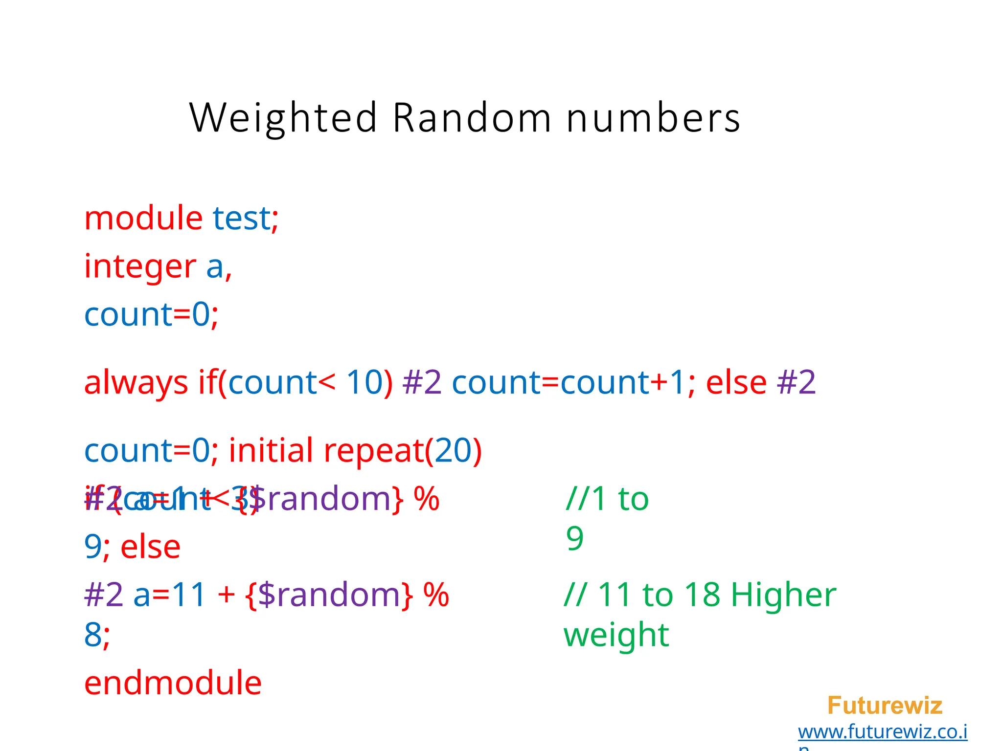 module test;
integer a,
count=0;
always if(count< 10) #2 count=count+1; else #2
count=0; initial repeat(20)
if (count<3)
Futurewiz
www.futurewiz.co.i
//1 to
9
// 11 to 18 Higher
weight
#2 a=1 + {$random} %
9; else
#2 a=11 + {$random} %
8;
endmodule
Weighted Random numbers
 