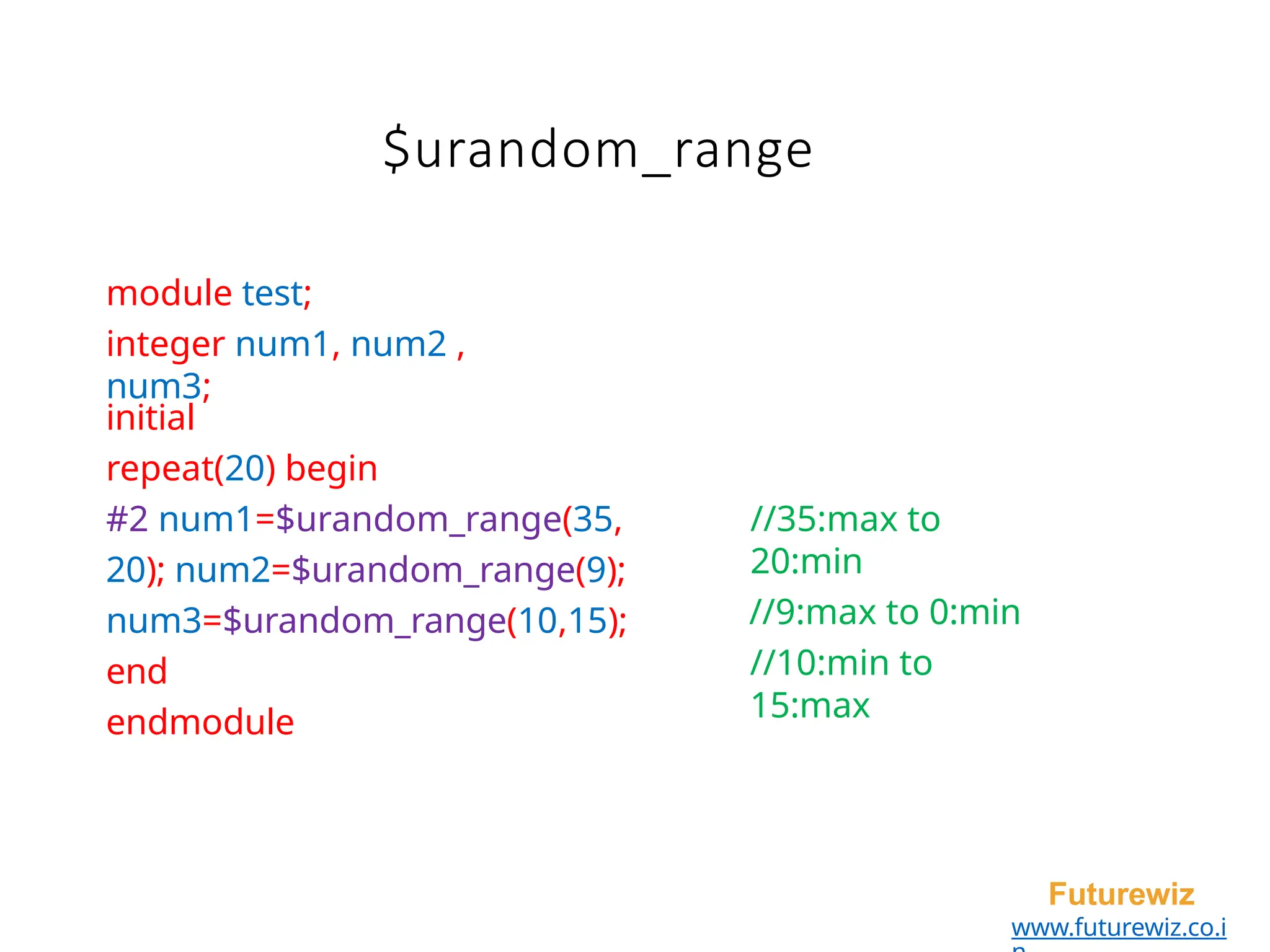 module test;
integer num1, num2 ,
num3;
Futurewiz
www.futurewiz.co.i
initial
repeat(20) begin
#2 num1=$urandom_range(35,
20); num2=$urandom_range(9);
num3=$urandom_range(10,15);
end
endmodule
//35:max to
20:min
//9:max to 0:min
//10:min to
15:max
$urandom_range
 