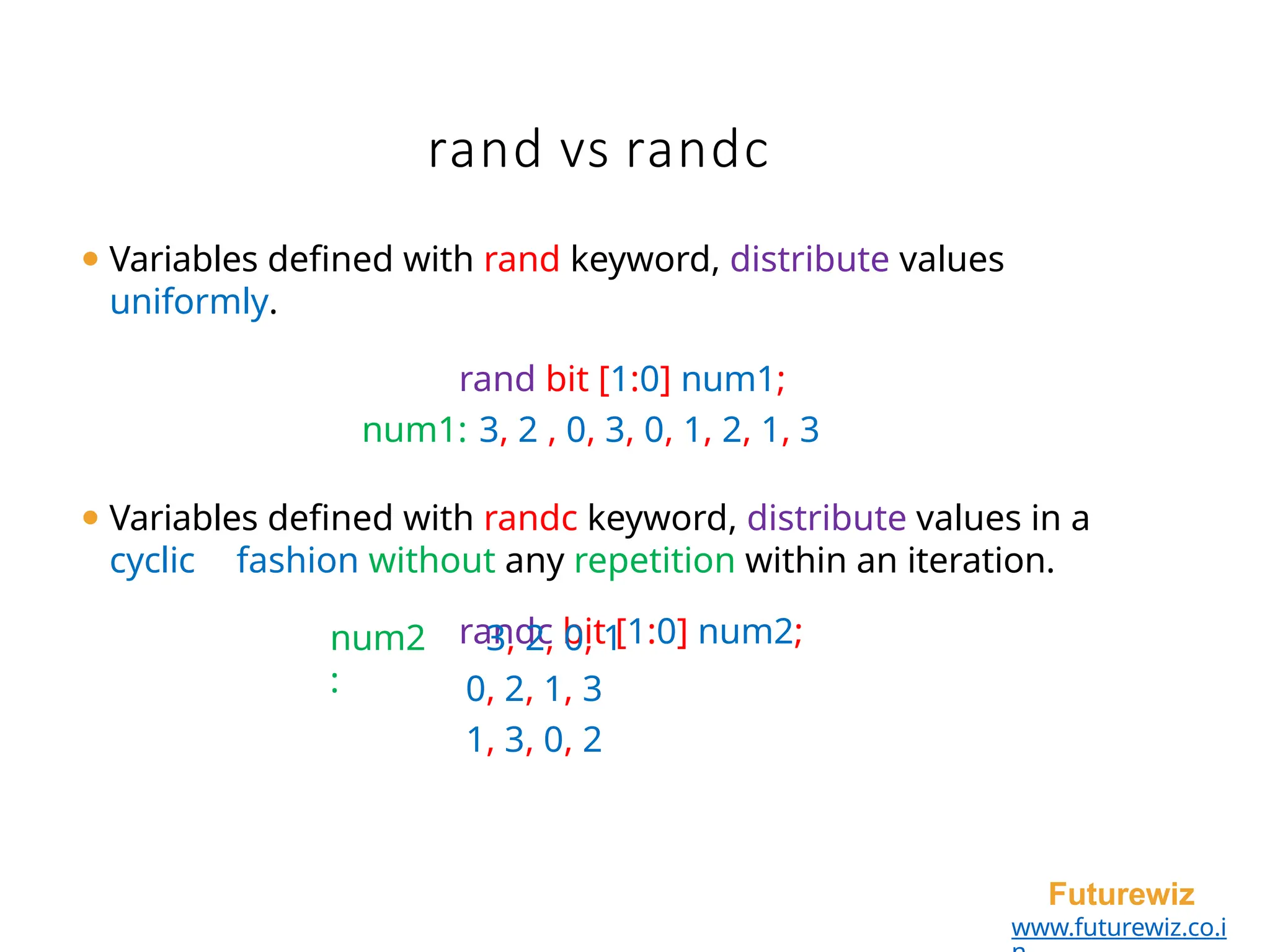 rand vs randc
Futurewiz
www.futurewiz.co.i
⚫ Variables defined with rand keyword, distribute values
uniformly.
rand bit [1:0] num1;
num1: 3, 2 , 0, 3, 0, 1, 2, 1, 3
⚫ Variables defined with randc keyword, distribute values in a
cyclic fashion without any repetition within an iteration.
randc bit [1:0] num2;
num2
:
3, 2, 0, 1
0, 2, 1, 3
1, 3, 0, 2
 
