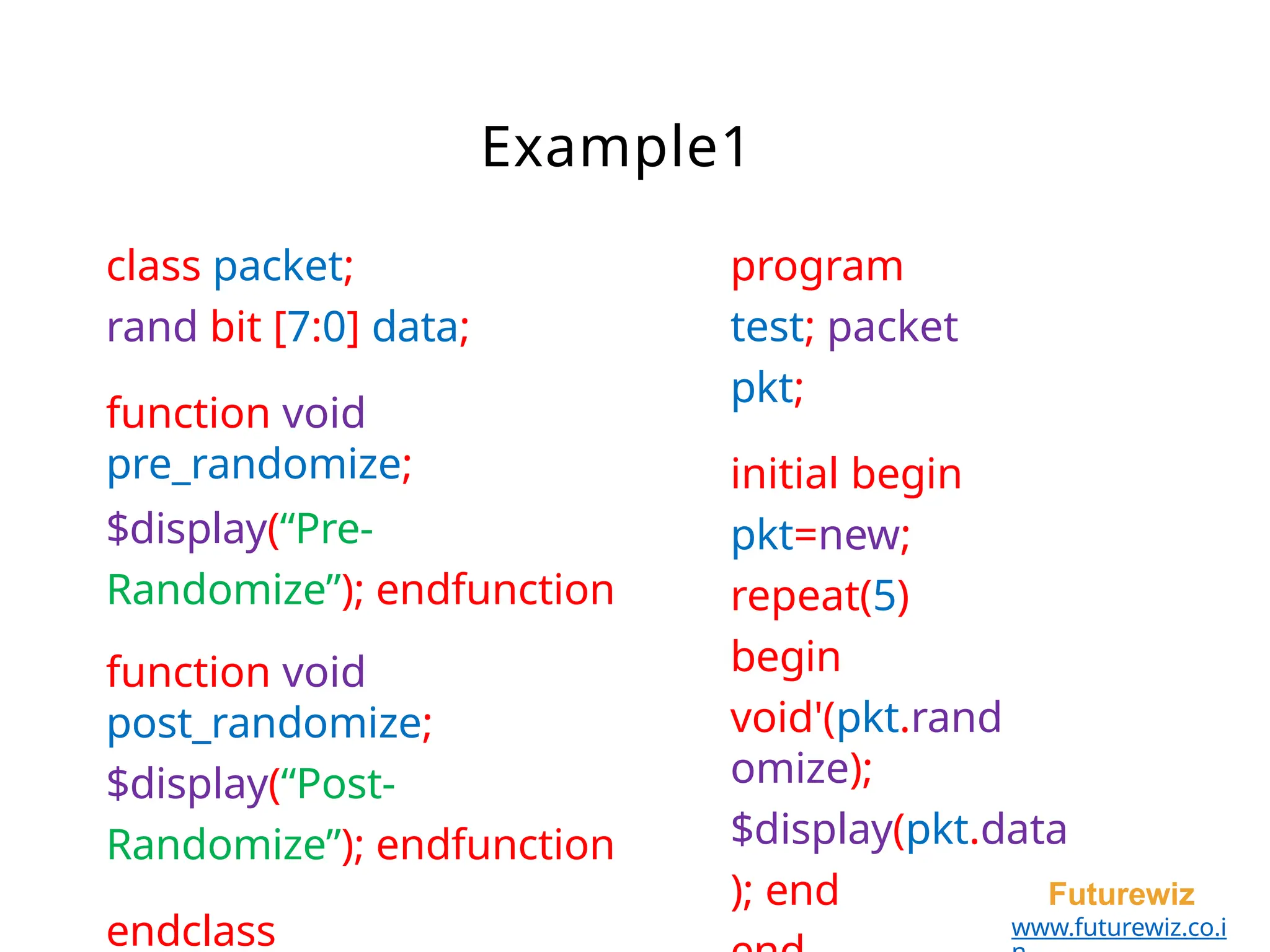 class packet;
rand bit [7:0] data;
function void
pre_randomize;
$display(“Pre-
Randomize”); endfunction
function void
post_randomize;
$display(“Post-
Randomize”); endfunction
endclass
Futurewiz
www.futurewiz.co.i
Example1
program
test; packet
pkt;
initial begin
pkt=new;
repeat(5)
begin
void'(pkt.rand
omize);
$display(pkt.data
); end
 