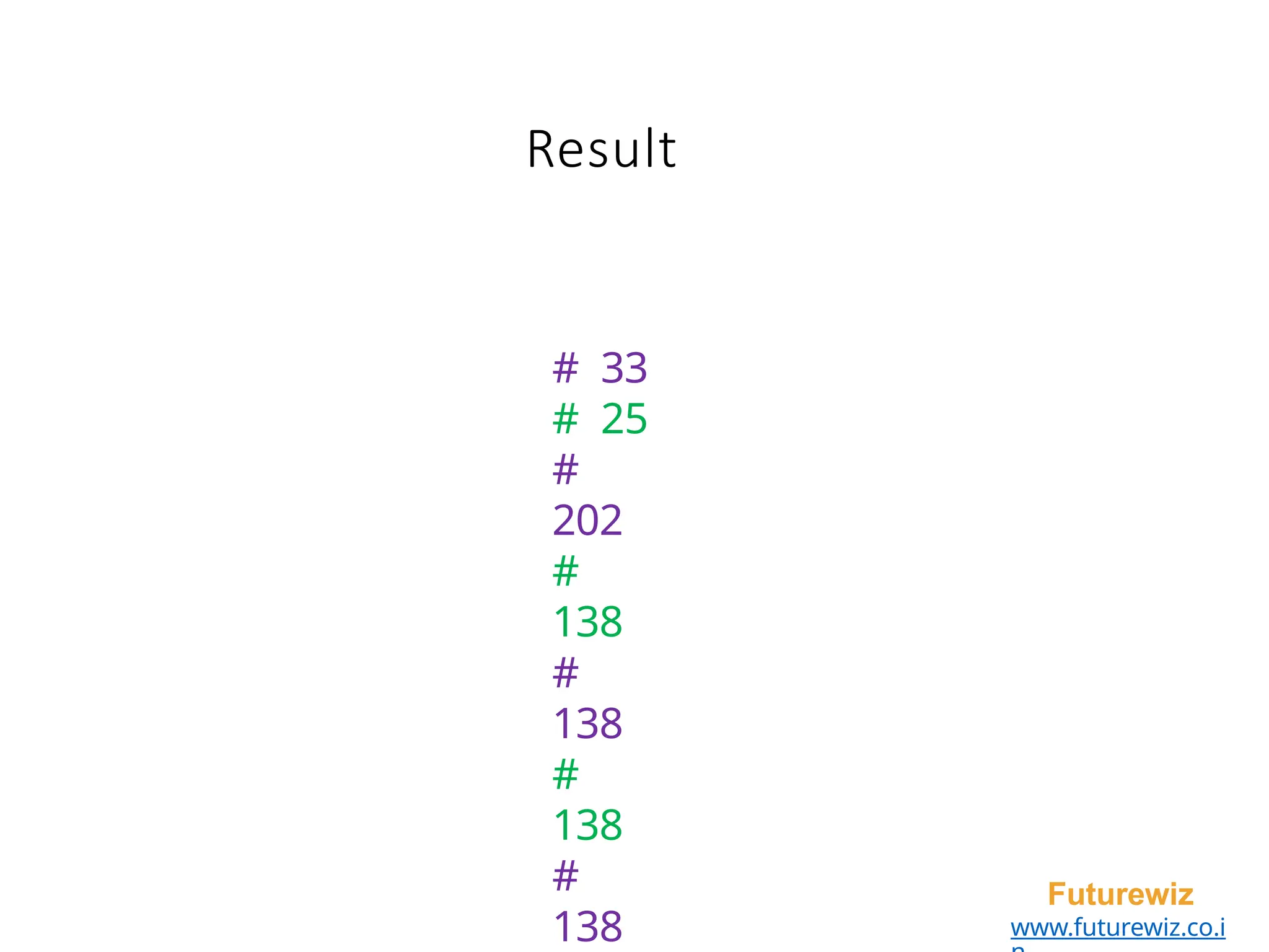 Result
Futurewiz
www.futurewiz.co.i
# 33
# 25
#
202
#
138
#
138
#
138
#
138
 