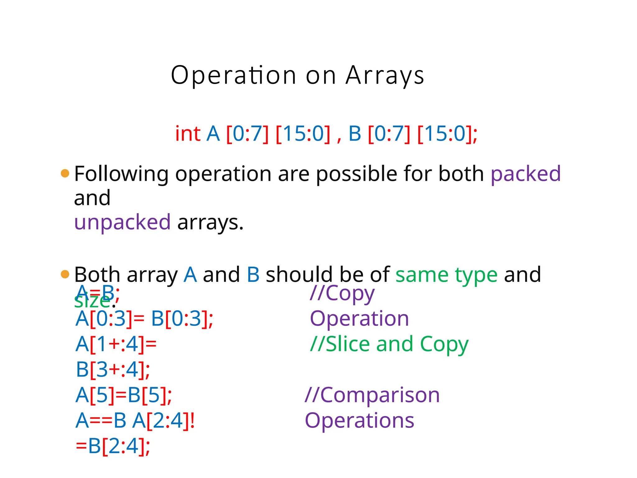 Operation on Arrays
int A [0:7] [15:0] , B [0:7] [15:0];
⚫Following operation are possible for both packed
and
unpacked arrays.
⚫Both array A and B should be of same type and
size.
A=B;
A[0:3]= B[0:3];
A[1+:4]=
B[3+:4];
A[5]=B[5];
A==B A[2:4]!
=B[2:4];
//Copy
Operation
//Slice and Copy
//Comparison
Operations
 