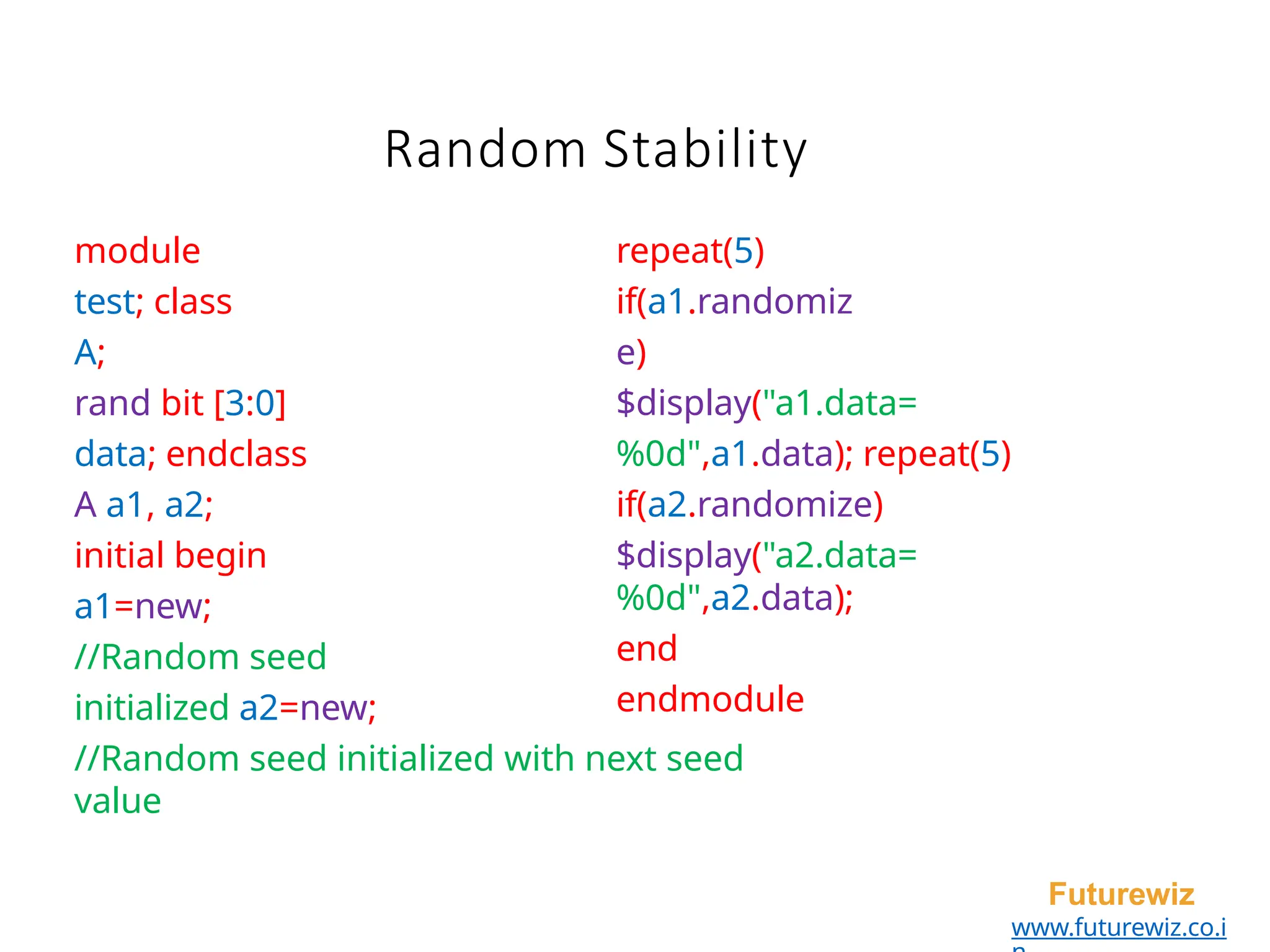 module
test; class
A;
rand bit [3:0]
data; endclass
A a1, a2;
Futurewiz
www.futurewiz.co.i
initial begin
a1=new;
//Random seed
initialized a2=new;
//Random seed initialized with next seed
value
Random Stability
repeat(5)
if(a1.randomiz
e)
$display("a1.data=
%0d",a1.data); repeat(5)
if(a2.randomize)
$display("a2.data=
%0d",a2.data);
end
endmodule
 