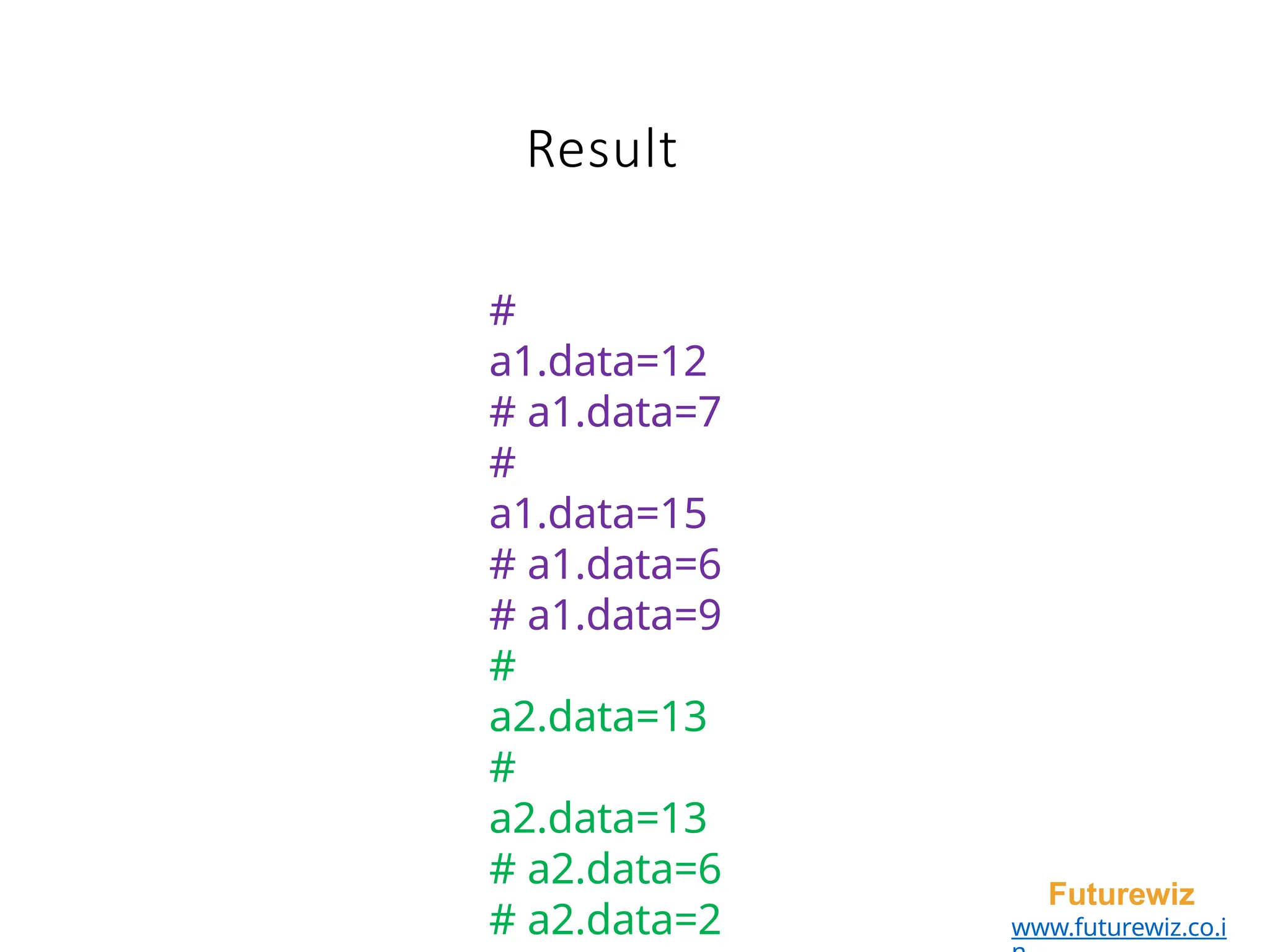 Result
Futurewiz
www.futurewiz.co.i
#
a1.data=12
# a1.data=7
#
a1.data=15
# a1.data=6
# a1.data=9
#
a2.data=13
#
a2.data=13
# a2.data=6
# a2.data=2
 