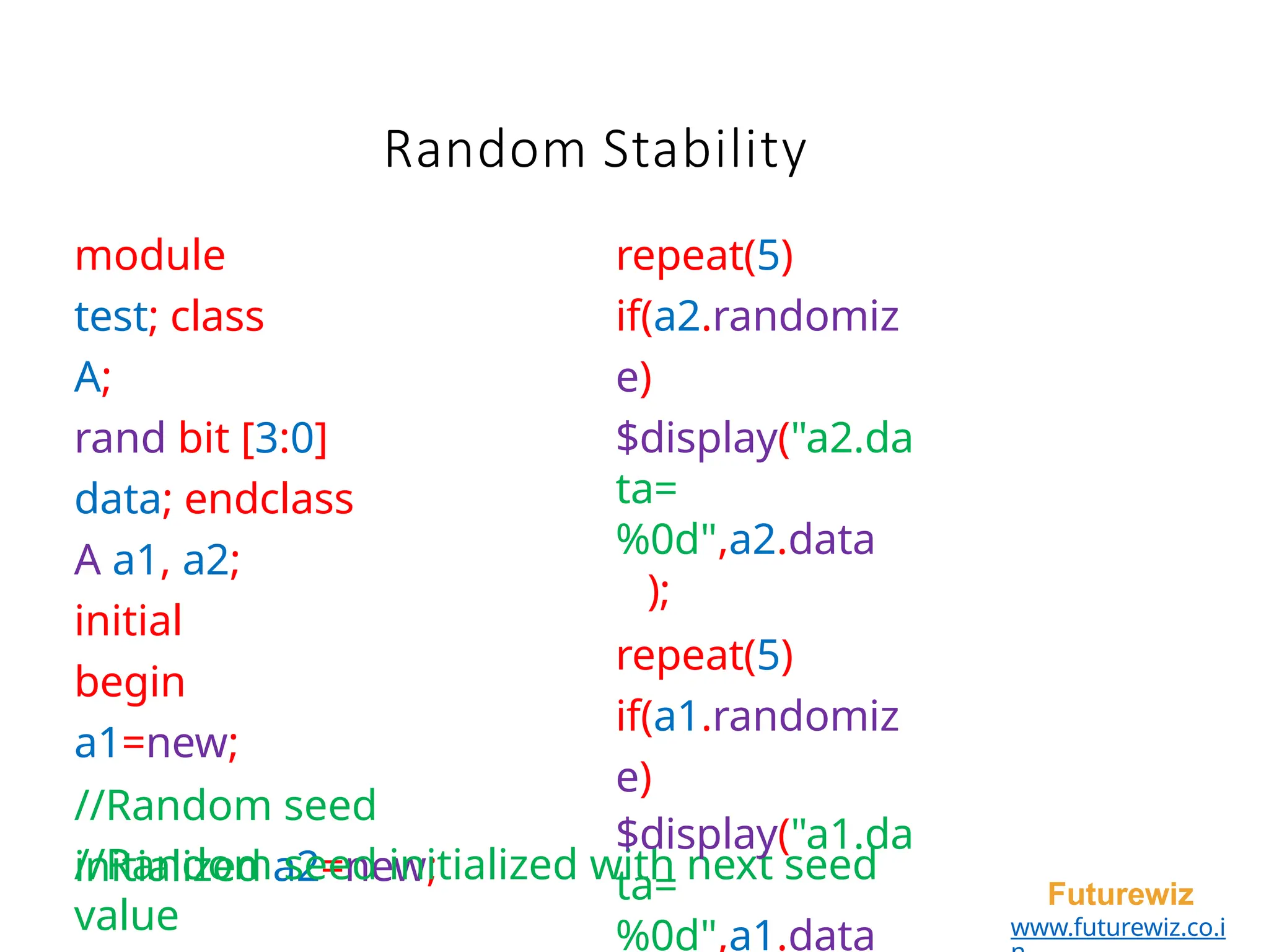 Random Stability
Futurewiz
www.futurewiz.co.i
module
test; class
A;
rand bit [3:0]
data; endclass
A a1, a2;
initial
begin
a1=new;
//Random seed
initialized a2=new;
//Random seed initialized with next seed
value
repeat(5)
if(a2.randomiz
e)
$display("a2.da
ta=
%0d",a2.data
);
repeat(5)
if(a1.randomiz
e)
$display("a1.da
ta=
%0d",a1.data
 