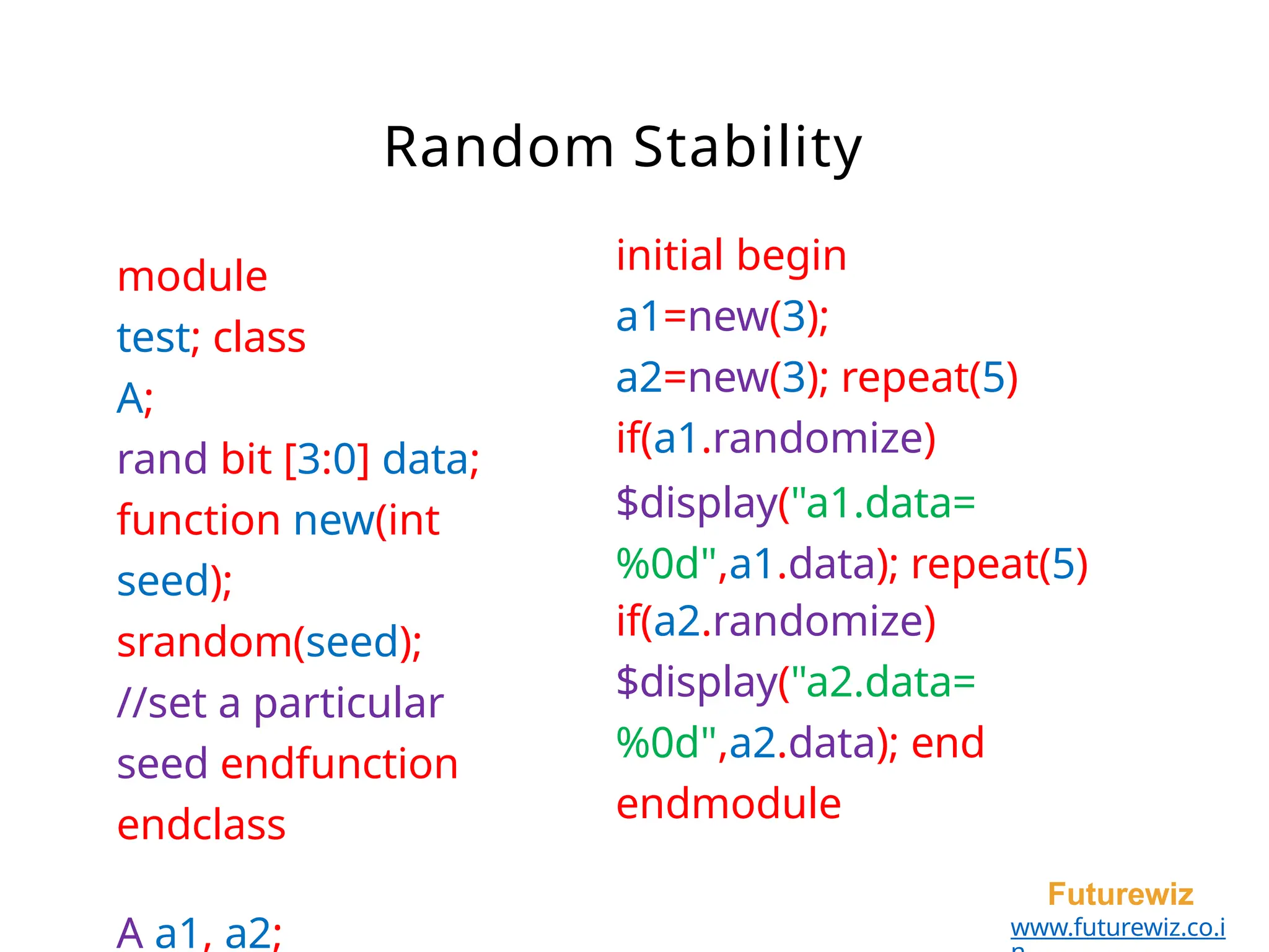 module
test; class
A;
rand bit [3:0] data;
function new(int
seed);
srandom(seed);
//set a particular
seed endfunction
endclass
A a1, a2;
Futurewiz
www.futurewiz.co.i
Random Stability
initial begin
a1=new(3);
a2=new(3); repeat(5)
if(a1.randomize)
$display("a1.data=
%0d",a1.data); repeat(5)
if(a2.randomize)
$display("a2.data=
%0d",a2.data); end
endmodule
 