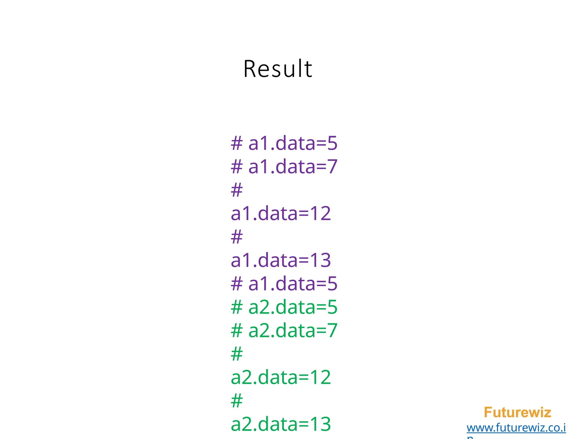 Result
Futurewiz
www.futurewiz.co.i
# a1.data=5
# a1.data=7
#
a1.data=12
#
a1.data=13
# a1.data=5
# a2.data=5
# a2.data=7
#
a2.data=12
#
a2.data=13
 