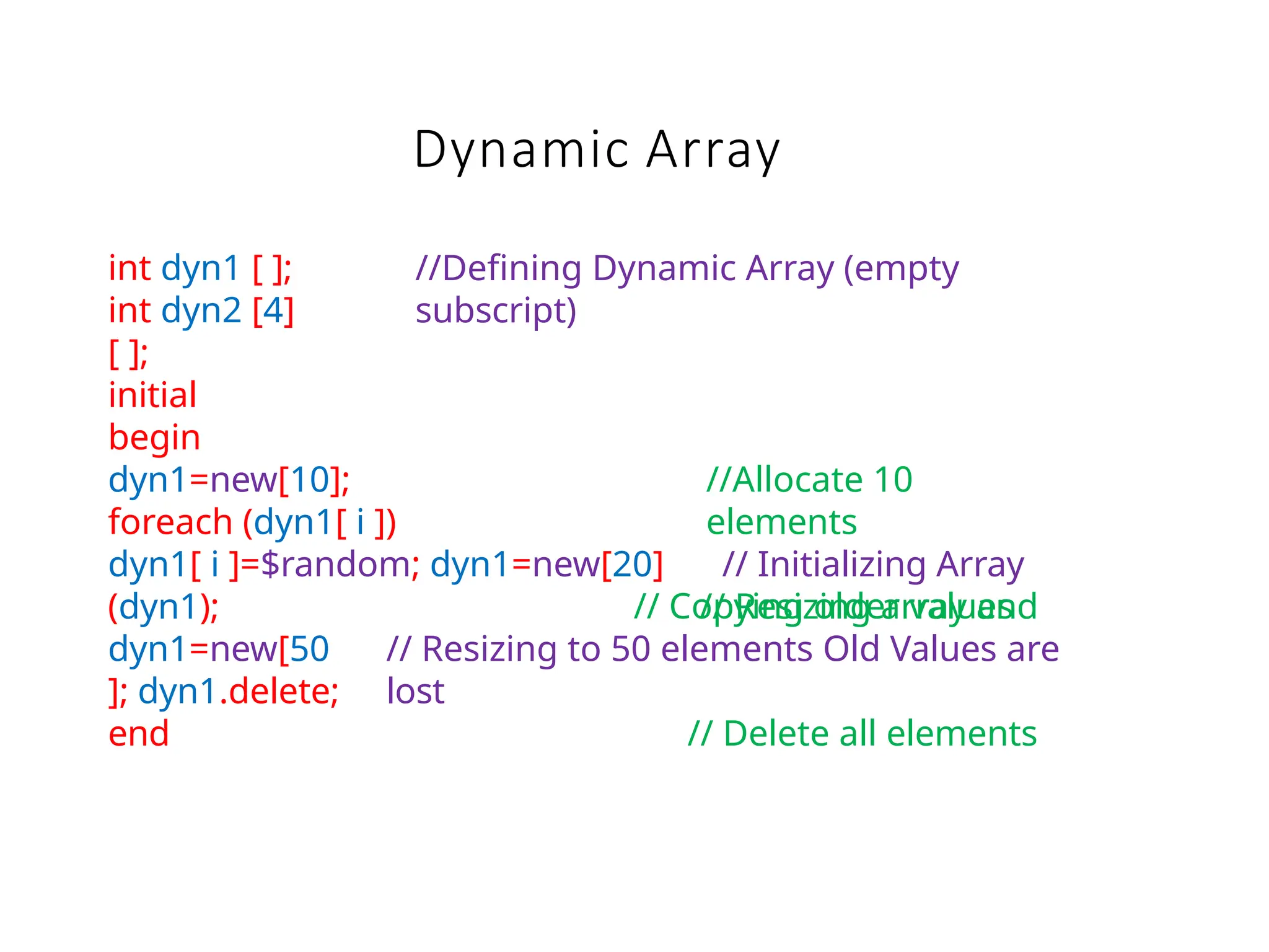 Dynamic Array
int dyn1 [ ];
int dyn2 [4]
[ ];
//Defining Dynamic Array (empty
subscript)
initial
begin
dyn1=new[10];
foreach (dyn1[ i ])
dyn1[ i ]=$random; dyn1=new[20]
(dyn1);
//Allocate 10
elements
// Initializing Array
// Resizing array and
// Copying older values
// Resizing to 50 elements Old Values are
lost
// Delete all elements
dyn1=new[50
]; dyn1.delete;
end
 