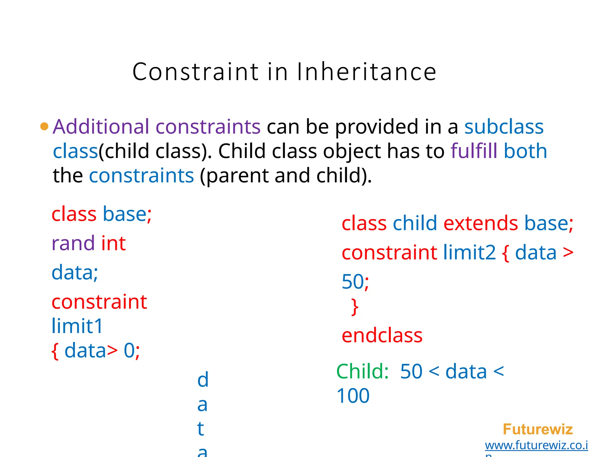 Constraint in Inheritance
Futurewiz
www.futurewiz.co.i
⚫Additional constraints can be provided in a subclass
class(child class). Child class object has to fulfill both
the constraints (parent and child).
class base;
rand int
data;
constraint
limit1
{ data> 0;
d
a
t
class child extends base;
constraint limit2 { data >
50;
}
endclass
Child: 50 < data <
100
 