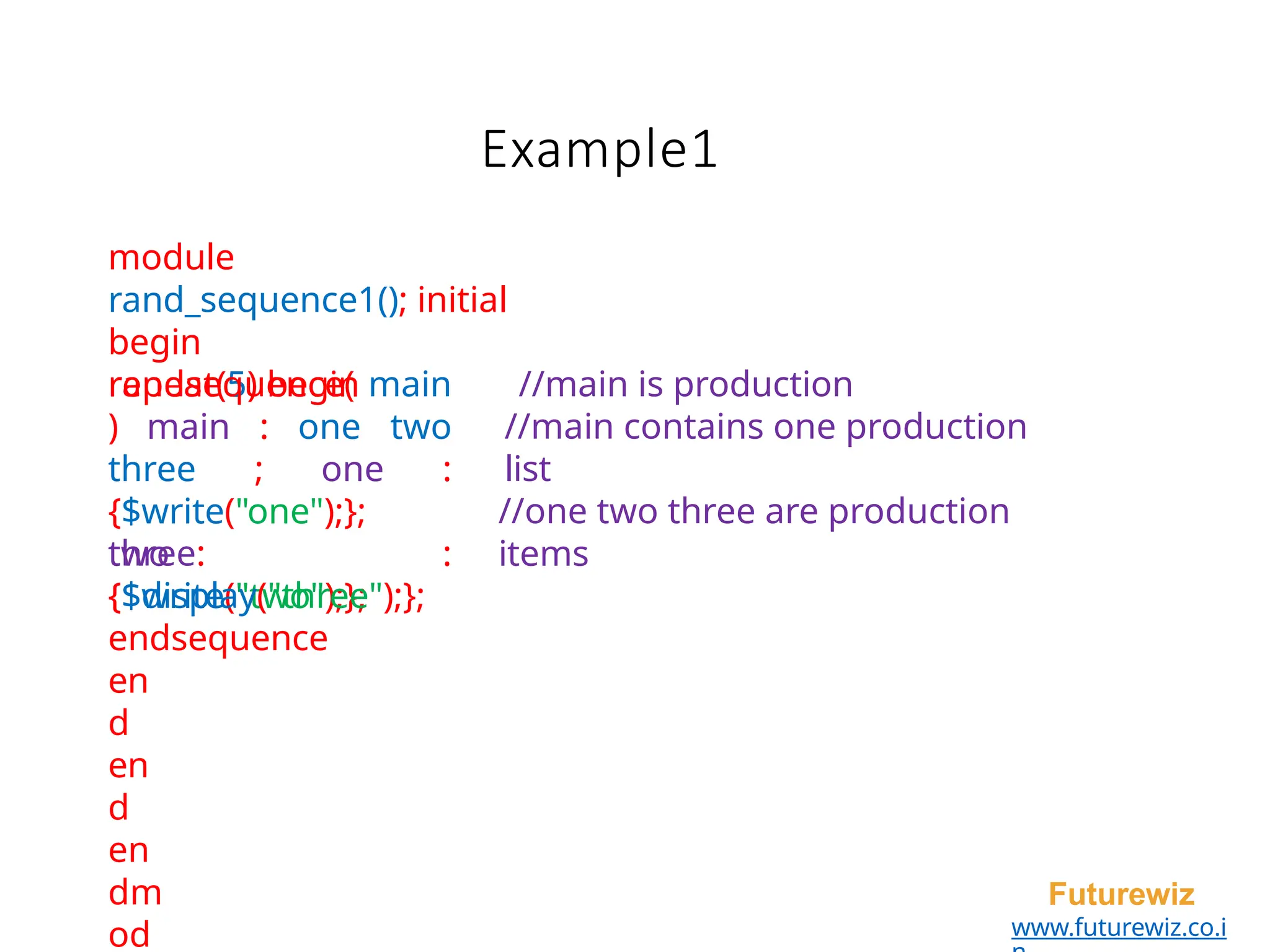 Example1
Futurewiz
www.futurewiz.co.i
module
rand_sequence1(); initial
begin
repeat(5) begin //main is production
//main contains one production
list
//one two three are production
items
randsequence( main
) main : one two
three ; one :
{$write("one");};
two :
{$write("two");};
three:
{$display("three");};
endsequence
en
d
en
d
en
dm
od
 