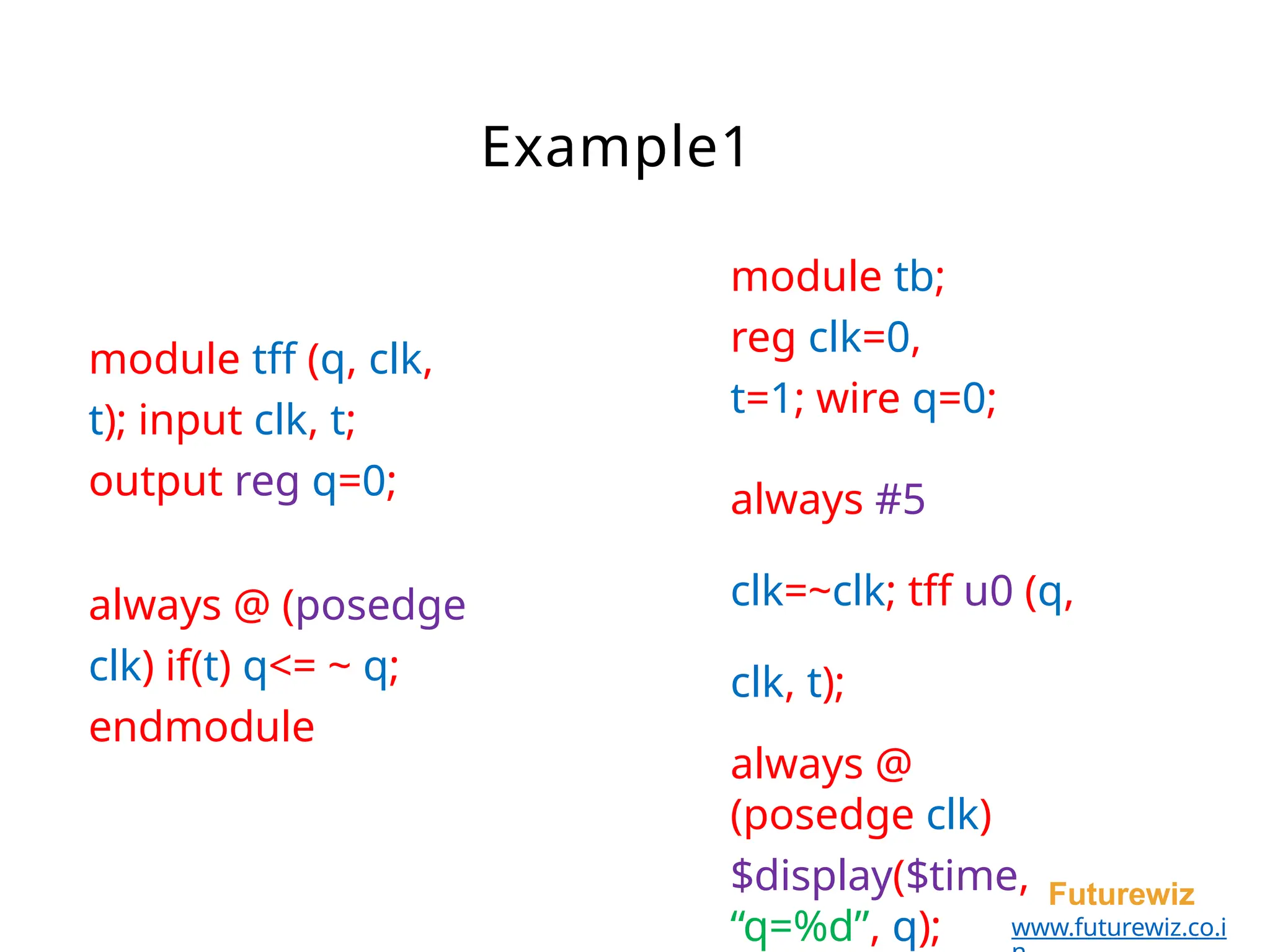 Example1
Futurewiz
www.futurewiz.co.i
module tff (q, clk,
t); input clk, t;
output reg q=0;
always @ (posedge
clk) if(t) q<= ~ q;
endmodule
module tb;
reg clk=0,
t=1; wire q=0;
always #5
clk=~clk; tff u0 (q,
clk, t);
always @
(posedge clk)
$display($time,
“q=%d”, q);
 