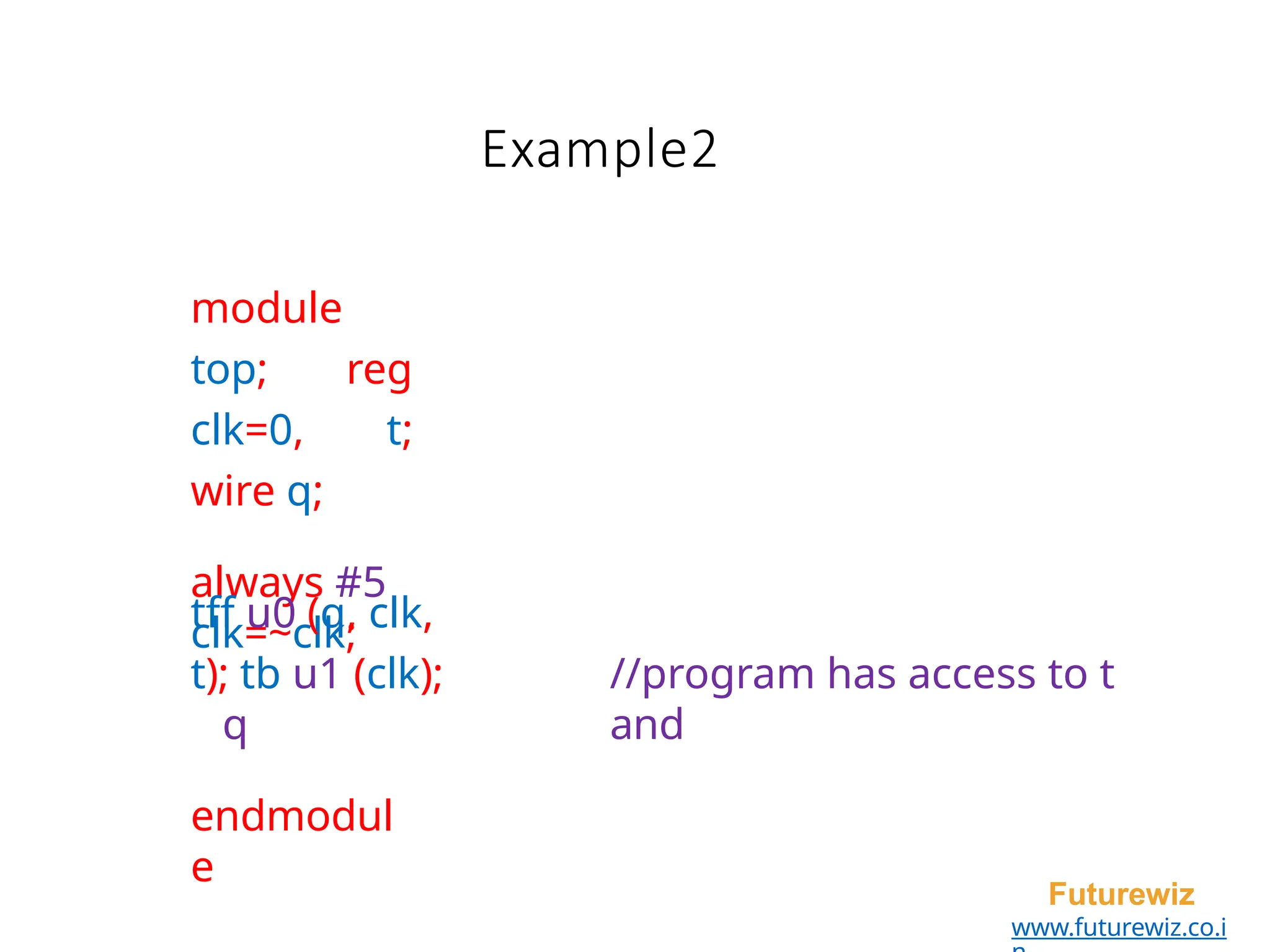 Example2
Futurewiz
www.futurewiz.co.i
module
top; reg
clk=0, t;
wire q;
always #5
clk=~clk;
tff u0 (q, clk,
t); tb u1 (clk);
q
//program has access to t
and
endmodul
e
 
