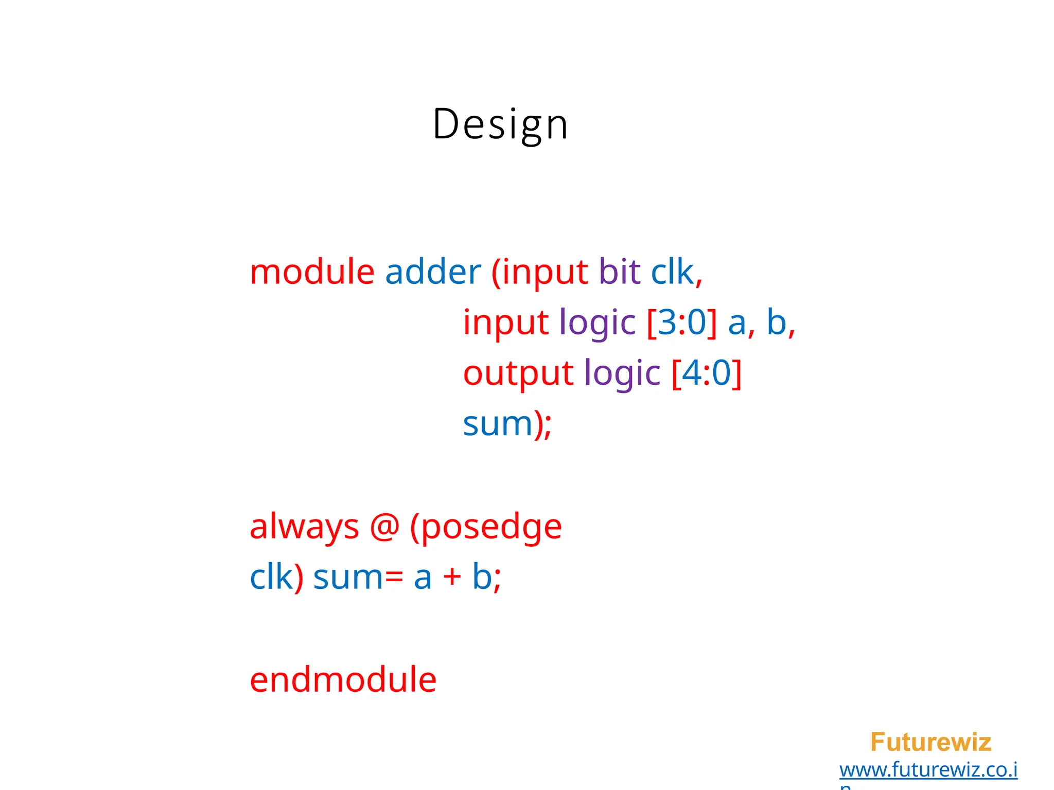 Design
Futurewiz
www.futurewiz.co.i
module adder (input bit clk,
input logic [3:0] a, b,
output logic [4:0]
sum);
always @ (posedge
clk) sum= a + b;
endmodule
 