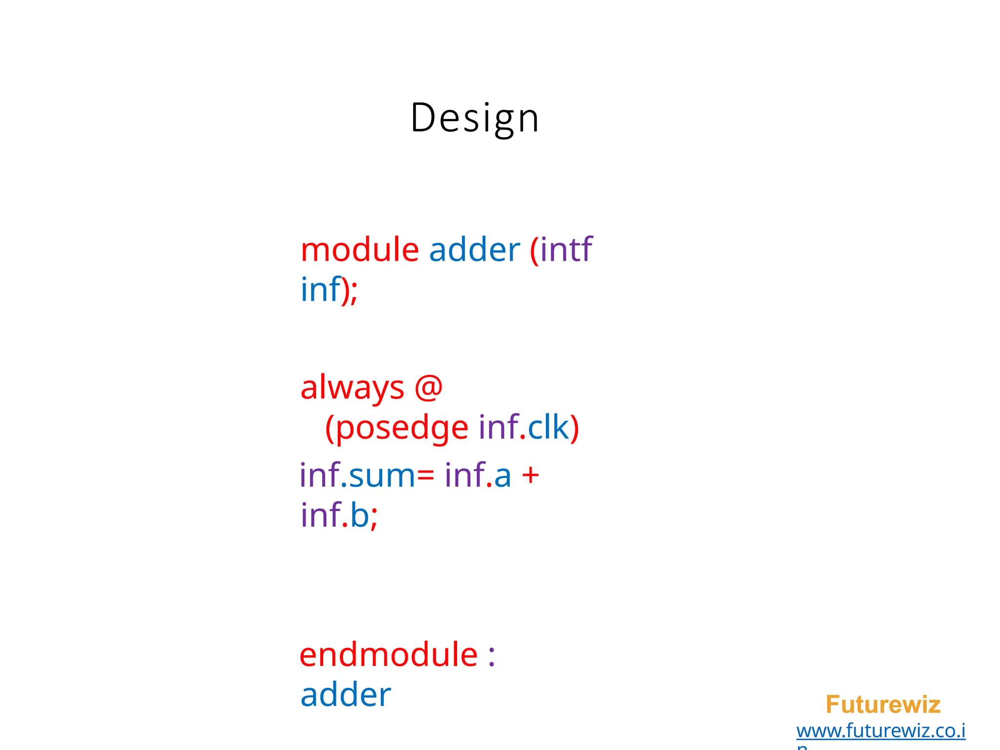 Design
Futurewiz
www.futurewiz.co.i
module adder (intf
inf);
always @
(posedge inf.clk)
inf.sum= inf.a +
inf.b;
endmodule :
adder
 