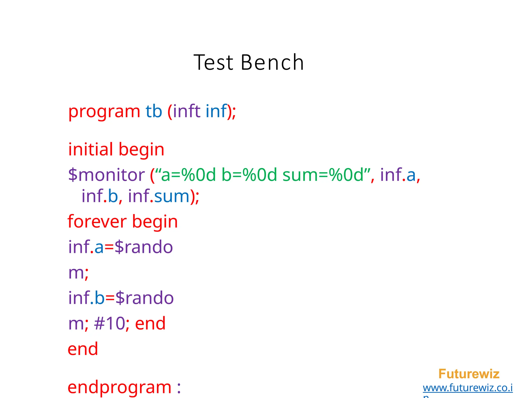 Test Bench
Futurewiz
www.futurewiz.co.i
program tb (inft inf);
initial begin
$monitor (“a=%0d b=%0d sum=%0d”, inf.a,
inf.b, inf.sum);
forever begin
inf.a=$rando
m;
inf.b=$rando
m; #10; end
end
endprogram :
 