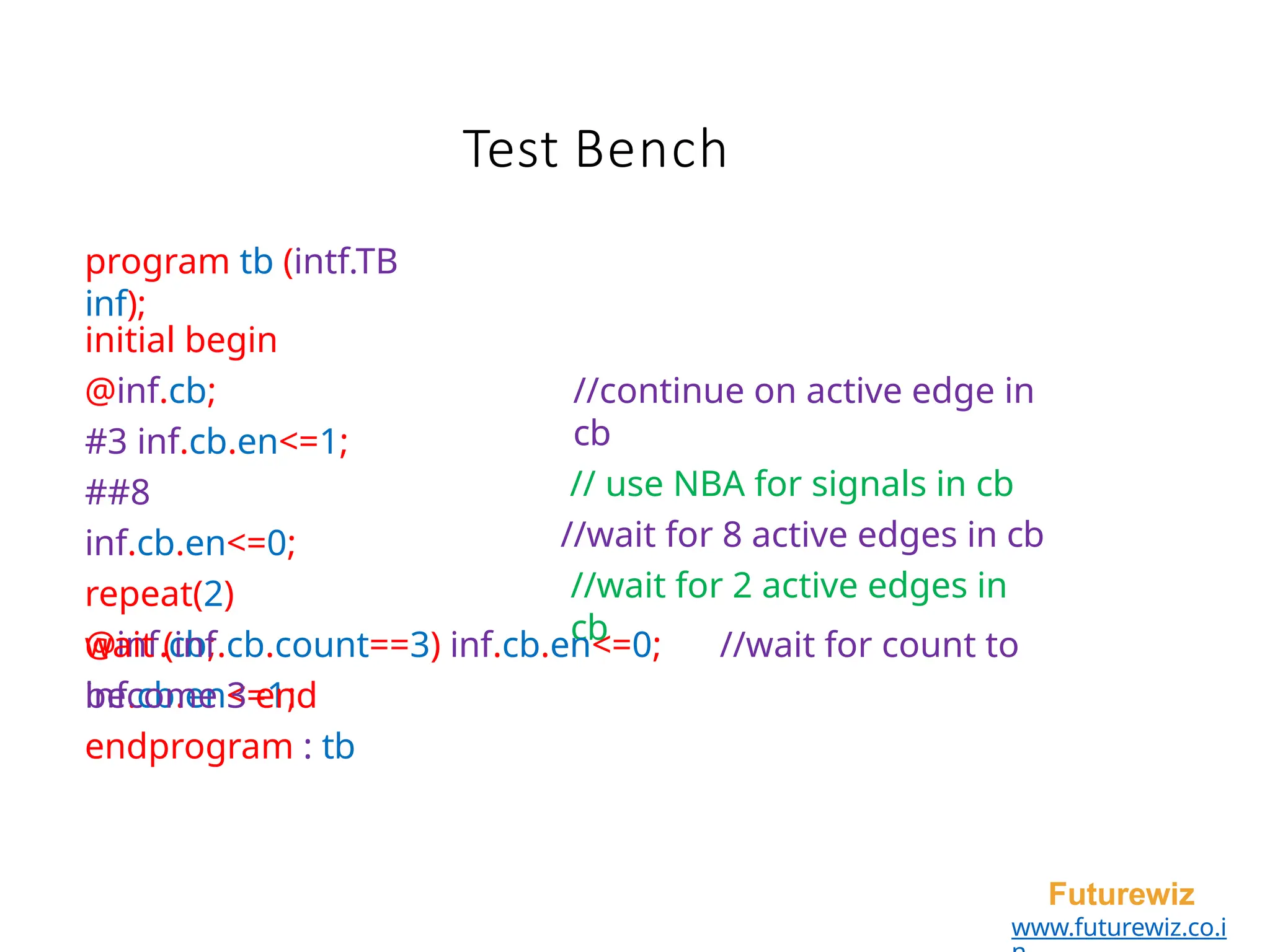 Test Bench
Futurewiz
www.futurewiz.co.i
program tb (intf.TB
inf);
initial begin
@inf.cb;
#3 inf.cb.en<=1;
##8
inf.cb.en<=0;
repeat(2)
@inf.cb;
inf.cb.en<=1;
//continue on active edge in
cb
// use NBA for signals in cb
//wait for 8 active edges in cb
//wait for 2 active edges in
cb
wait (inf.cb.count==3) inf.cb.en<=0; //wait for count to
become 3 end
endprogram : tb
 