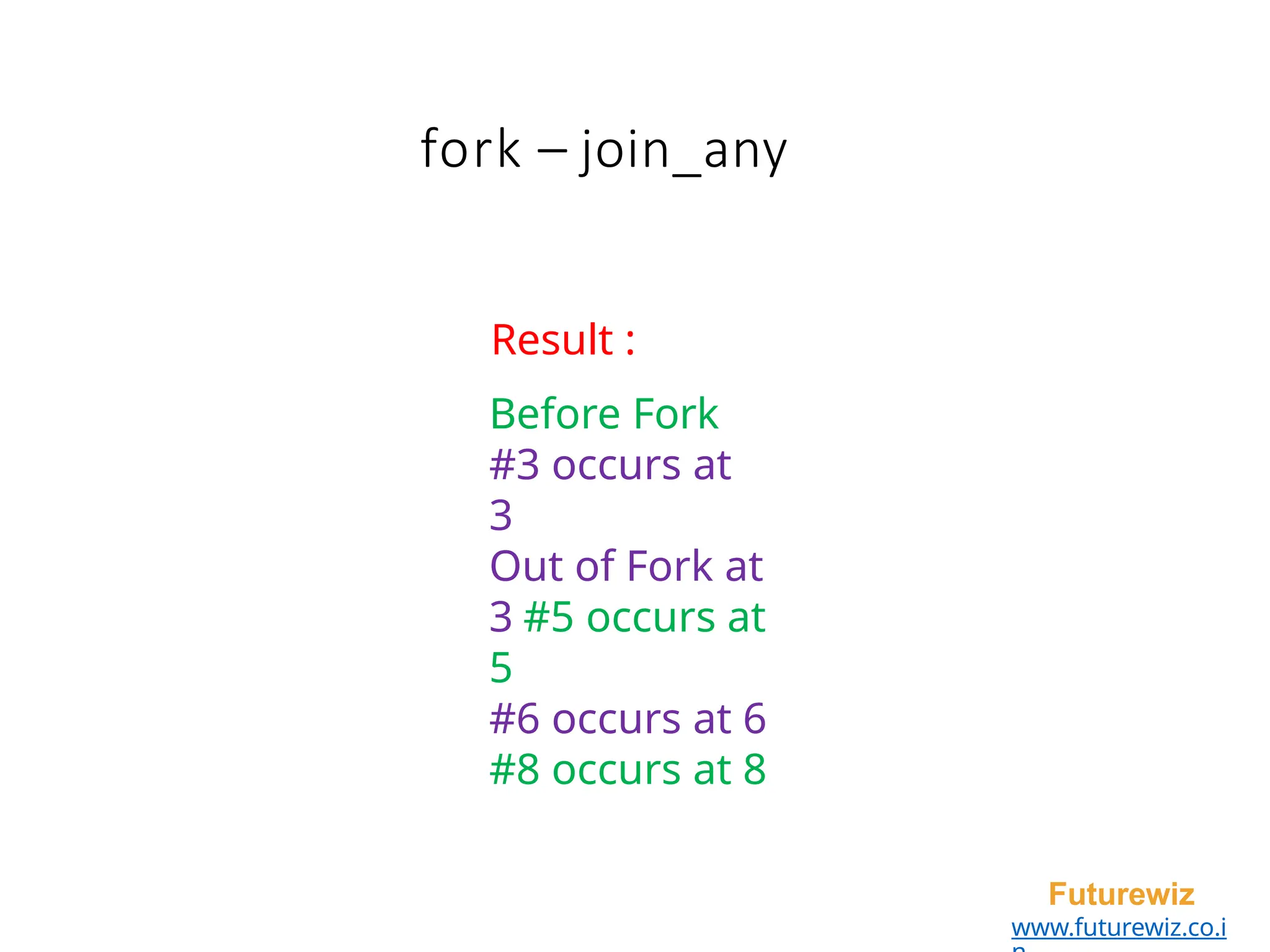 fork – join_any
Futurewiz
www.futurewiz.co.i
Result :
Before Fork
#3 occurs at
3
Out of Fork at
3 #5 occurs at
5
#6 occurs at 6
#8 occurs at 8
 