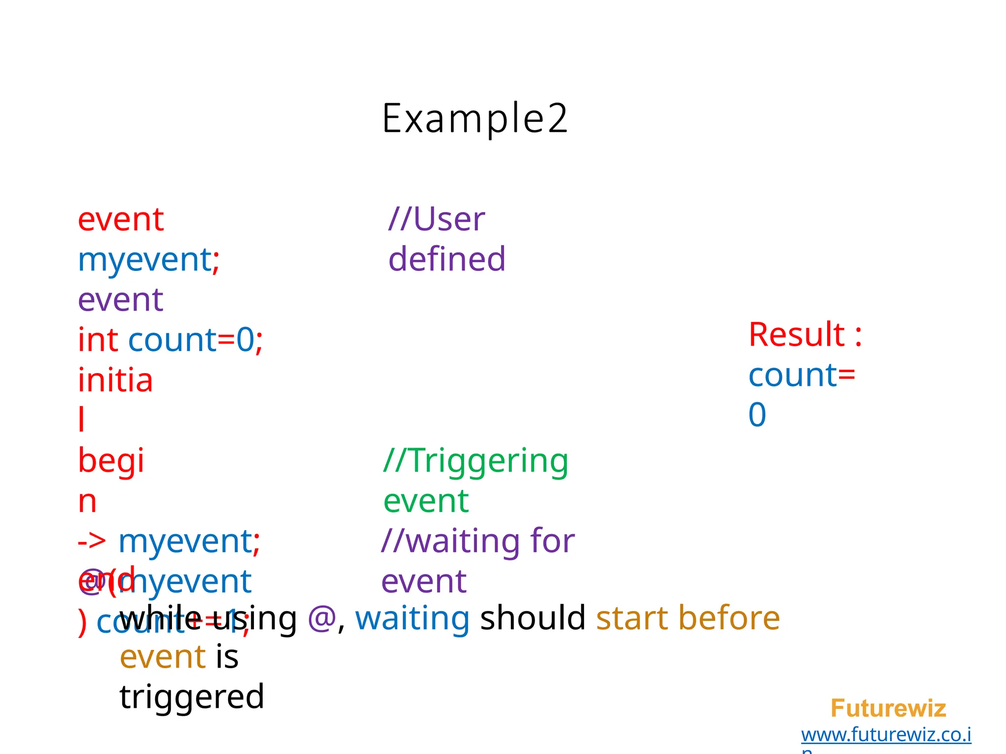 Example2
Futurewiz
www.futurewiz.co.i
event
myevent;
event
int count=0;
//User
defined
initia
l
begi
n
-> myevent;
@(myevent
) count+=1;
//Triggering
event
//waiting for
event
end
while using @, waiting should start before
event is
triggered
Result :
count=
0
 