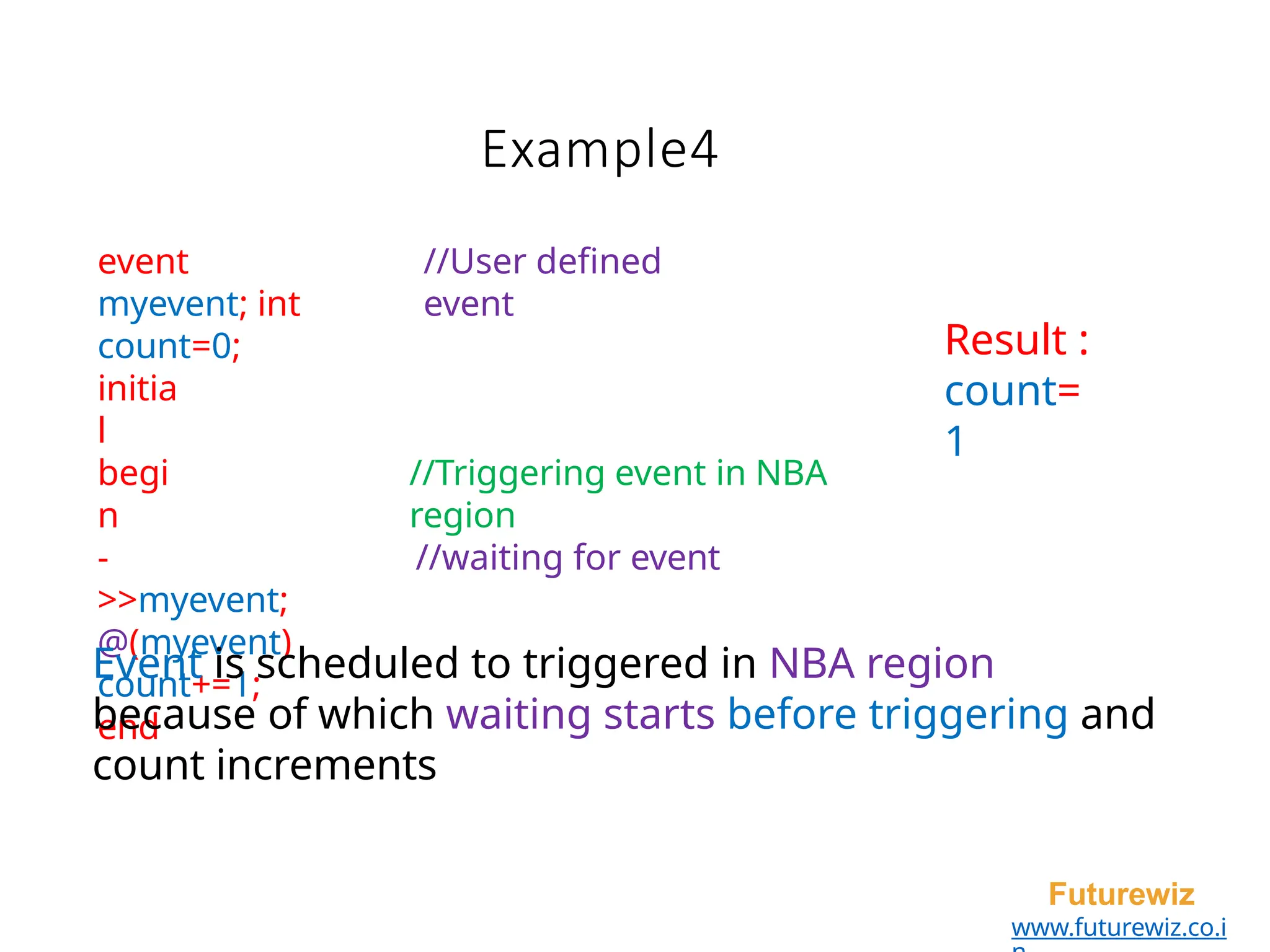 Example4
Futurewiz
www.futurewiz.co.i
event
myevent; int
count=0;
//User defined
event
initia
l
begi
n
-
>>myevent;
@(myevent)
count+=1;
end
//Triggering event in NBA
region
//waiting for event
Result :
count=
1
Event is scheduled to triggered in NBA region
because of which waiting starts before triggering and
count increments
 
