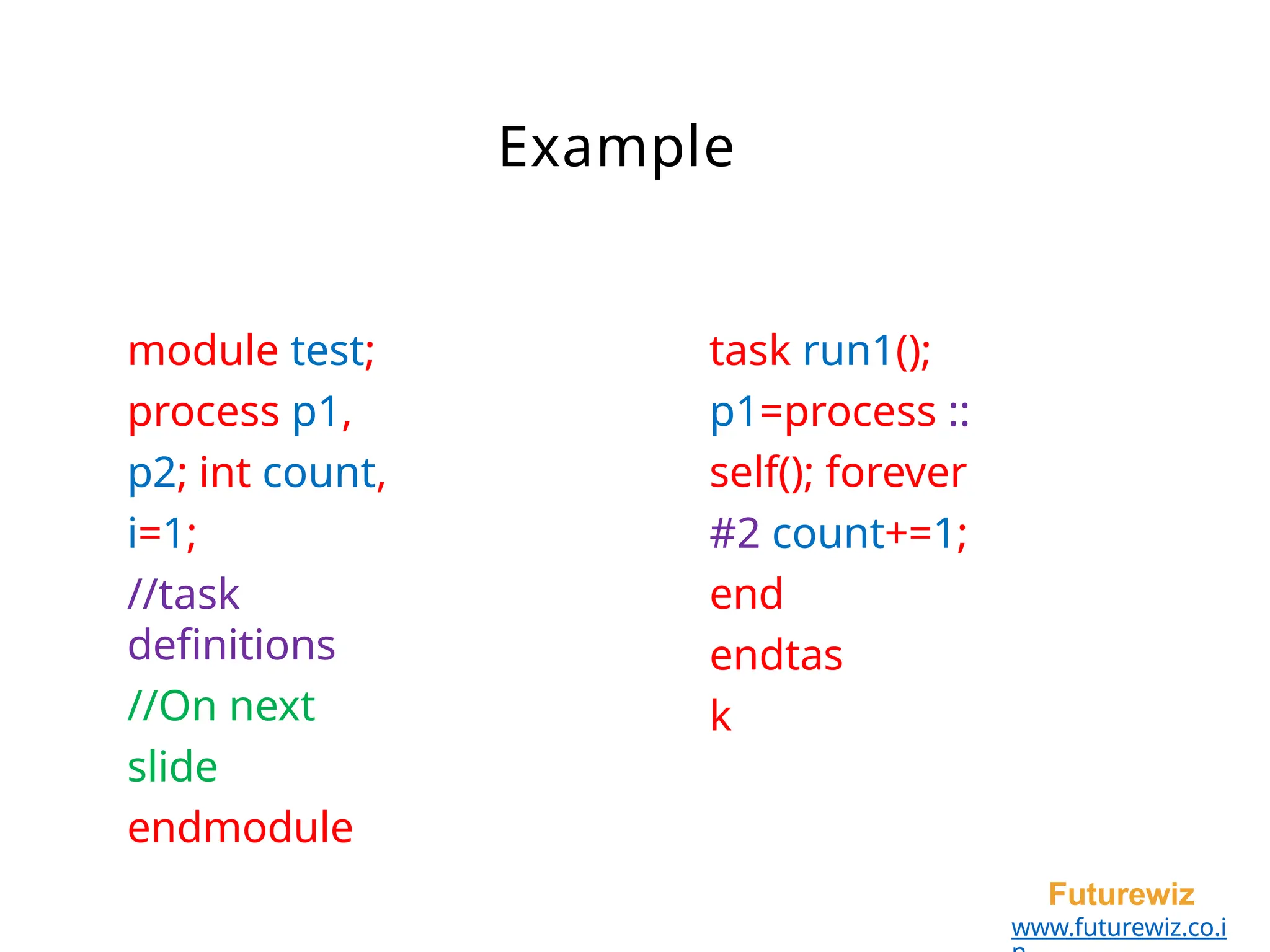 Example
Futurewiz
www.futurewiz.co.i
task run1();
p1=process ::
self(); forever
#2 count+=1;
end
endtas
k
module test;
process p1,
p2; int count,
i=1;
//task
definitions
//On next
slide
endmodule
 