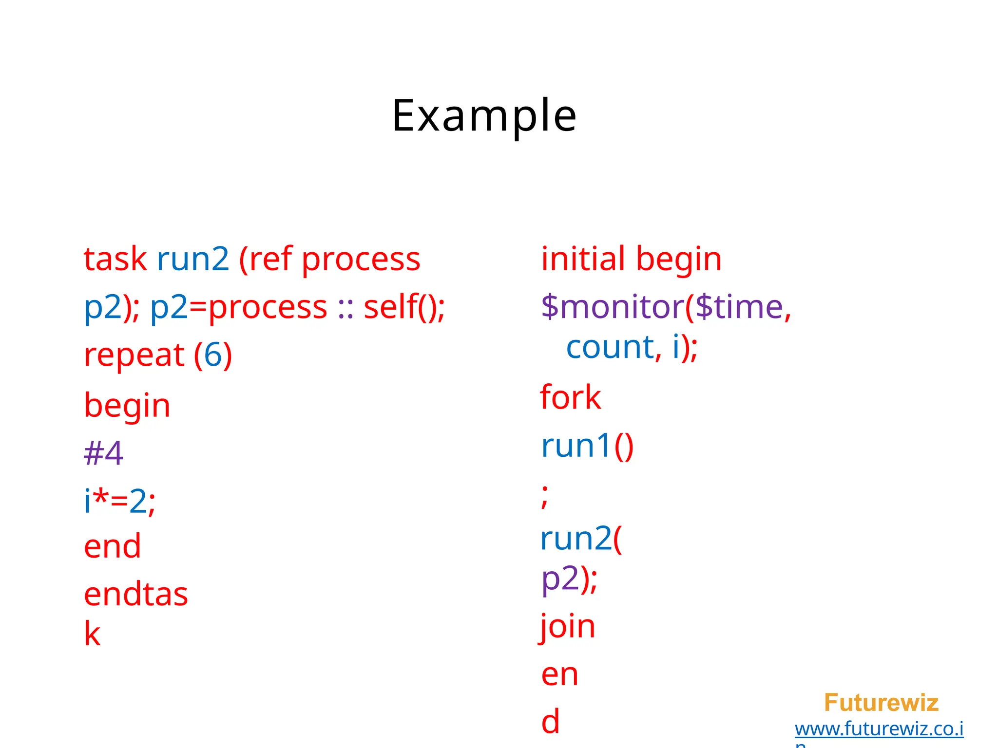 Example
Futurewiz
www.futurewiz.co.i
task run2 (ref process
p2); p2=process :: self();
repeat (6)
begin
#4
i*=2;
end
endtas
k
initial begin
$monitor($time,
count, i);
fork
run1()
;
run2(
p2);
join
en
d
 