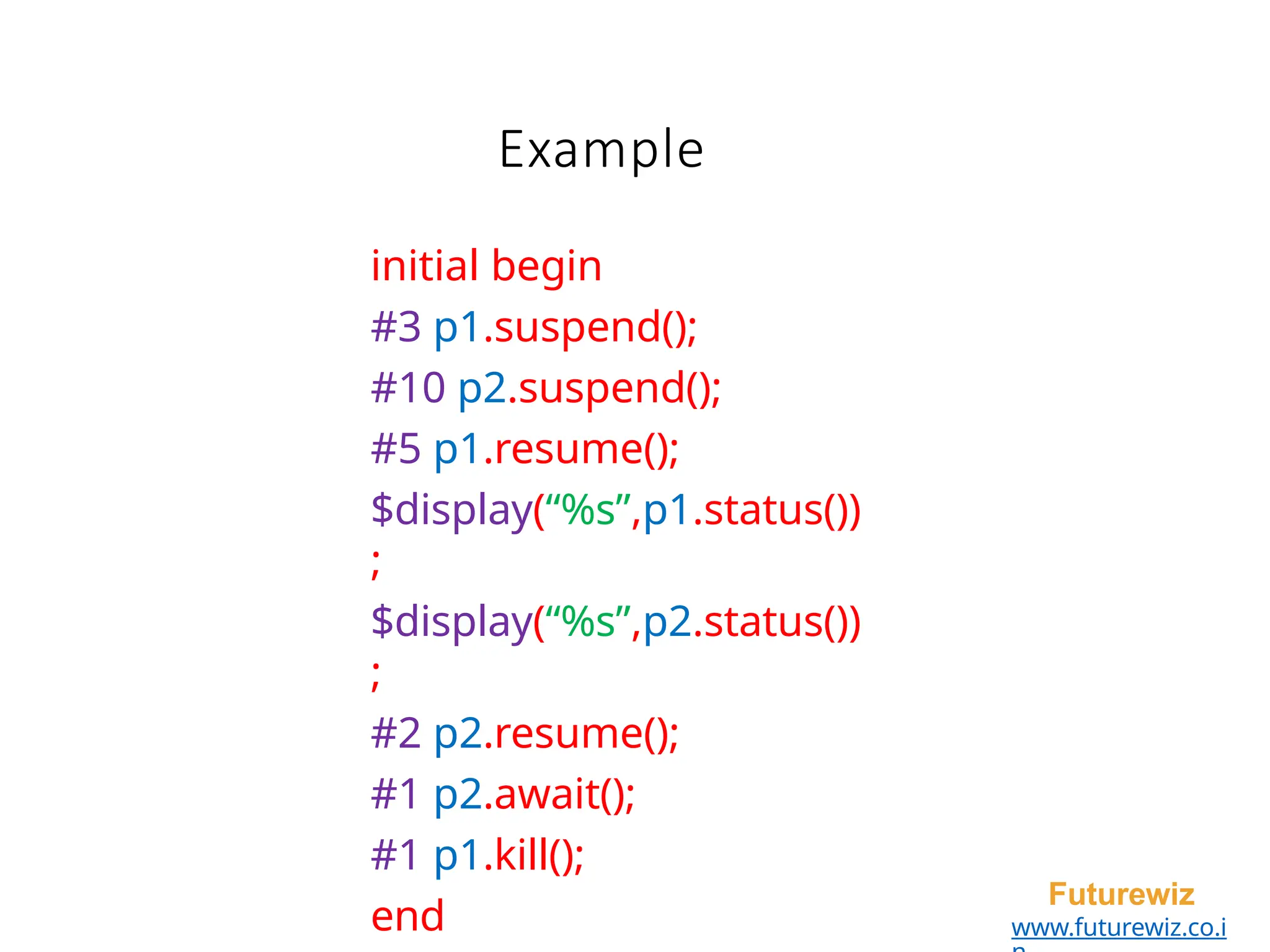 Example
Futurewiz
www.futurewiz.co.i
initial begin
#3 p1.suspend();
#10 p2.suspend();
#5 p1.resume();
$display(“%s”,p1.status())
;
$display(“%s”,p2.status())
;
#2 p2.resume();
#1 p2.await();
#1 p1.kill();
end
 