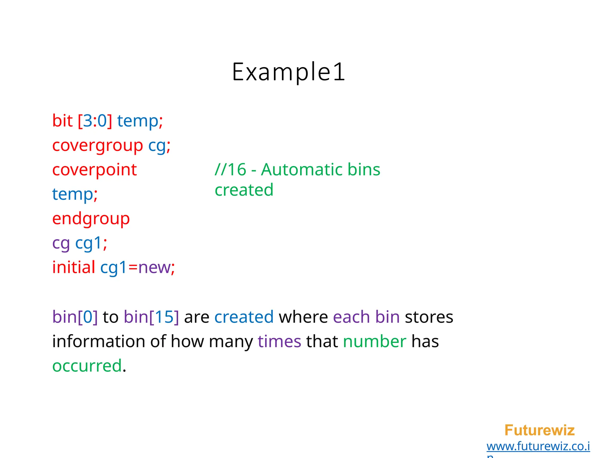 Example1
Futurewiz
www.futurewiz.co.i
bit [3:0] temp;
covergroup cg;
coverpoint
temp;
endgroup
//16 - Automatic bins
created
cg cg1;
initial cg1=new;
bin[0] to bin[15] are created where each bin stores
information of how many times that number has
occurred.
 