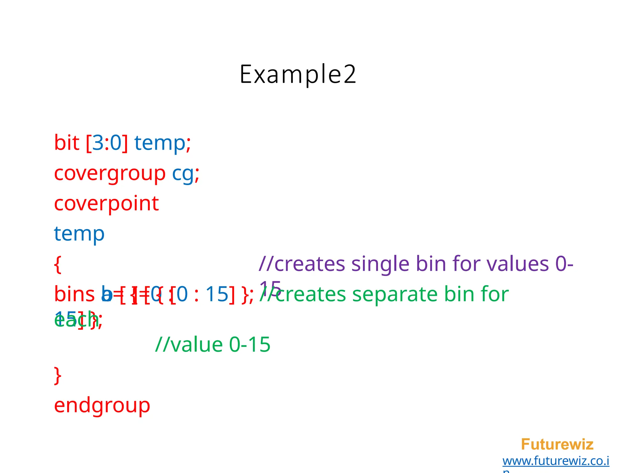Example2
Futurewiz
www.futurewiz.co.i
bit [3:0] temp;
covergroup cg;
coverpoint
temp
{
bins a= { [0 :
15] };
//creates single bin for values 0-
15
bins b [ ]= { [0 : 15] }; //creates separate bin for
each
//value 0-15
}
endgroup
 