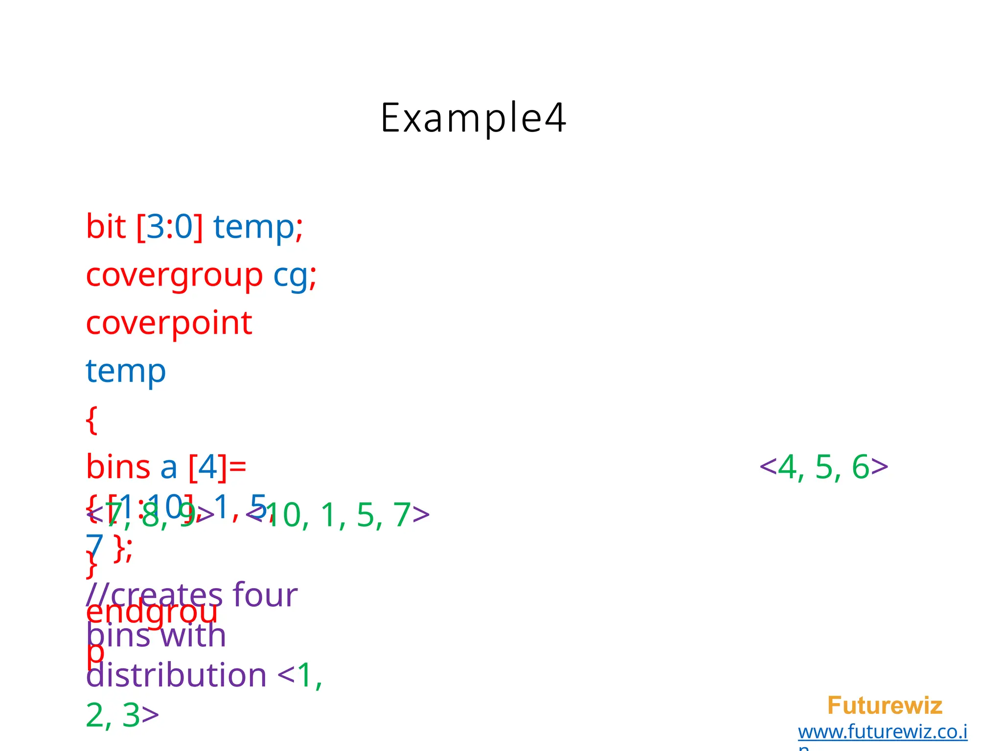 Example4
Futurewiz
www.futurewiz.co.i
bit [3:0] temp;
covergroup cg;
coverpoint
temp
{
bins a [4]=
{ [1:10], 1, 5,
7 };
//creates four
bins with
distribution <1,
2, 3>
<4, 5, 6>
<7, 8, 9>
}
endgrou
p
<10, 1, 5, 7>
 