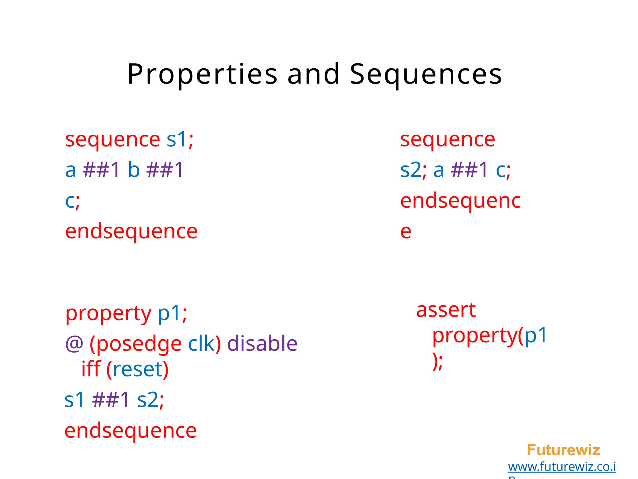 Properties and Sequences
Futurewiz
www.futurewiz.co.i
sequence s1;
a ##1 b ##1
c;
endsequence
property p1;
@ (posedge clk) disable
iff (reset)
s1 ##1 s2;
endsequence
sequence
s2; a ##1 c;
endsequenc
e
assert
property(p1
);
 