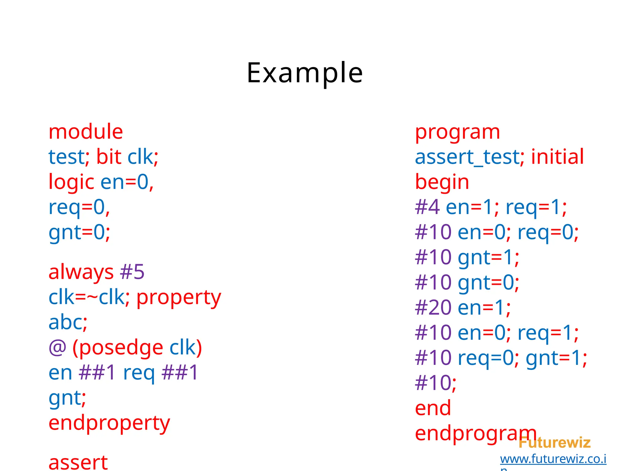 Example
Futurewiz
www.futurewiz.co.i
module
test; bit clk;
logic en=0,
req=0,
gnt=0;
always #5
clk=~clk; property
abc;
@ (posedge clk)
en ##1 req ##1
gnt;
endproperty
assert
program
assert_test; initial
begin
#4 en=1; req=1;
#10 en=0; req=0;
#10 gnt=1;
#10 gnt=0;
#20 en=1;
#10 en=0; req=1;
#10 req=0; gnt=1;
#10;
end
endprogram
 